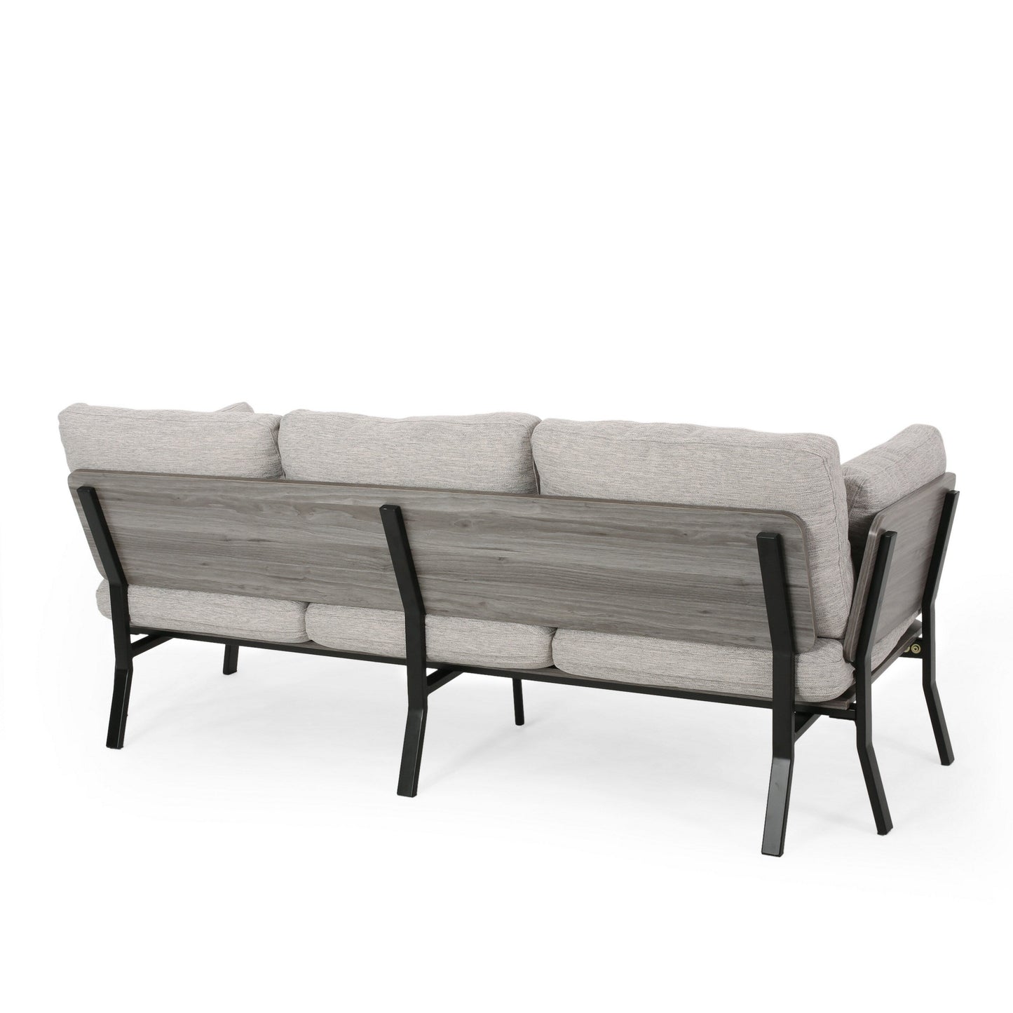Canapé 3 places, pieds inclinés, 203 cm, coussins en tissu gris clair moelleux