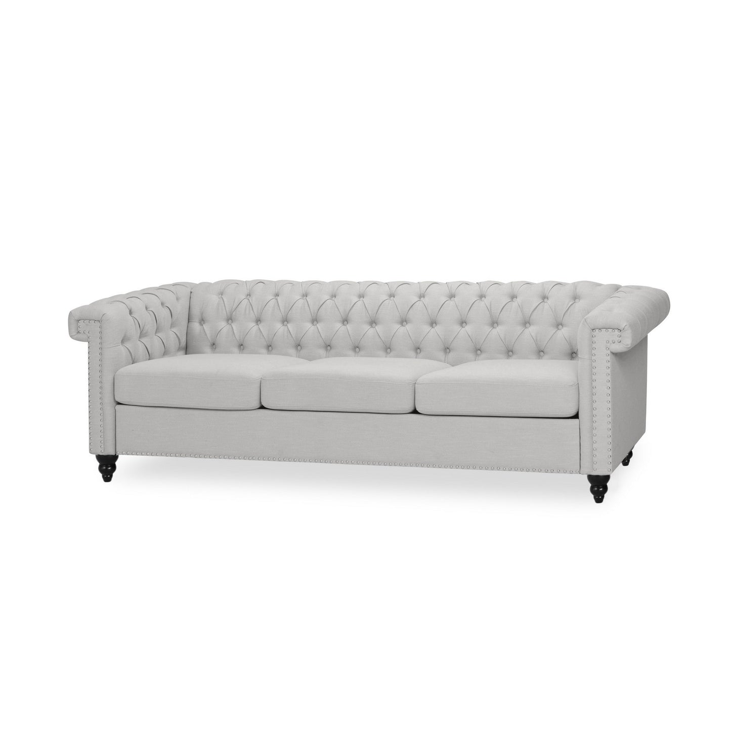 Canapé 3 places, tissu gris capitonné, 210 cm, accoudoirs évasés et roulés