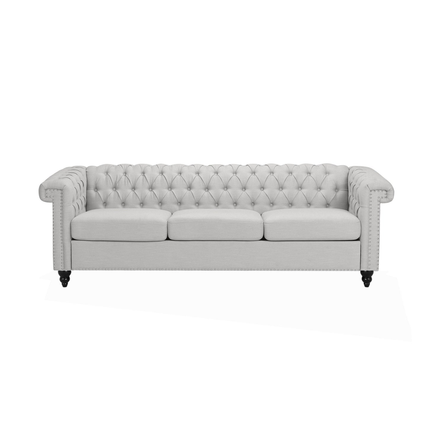 Canapé 3 places, tissu gris capitonné, 210 cm, accoudoirs évasés et roulés