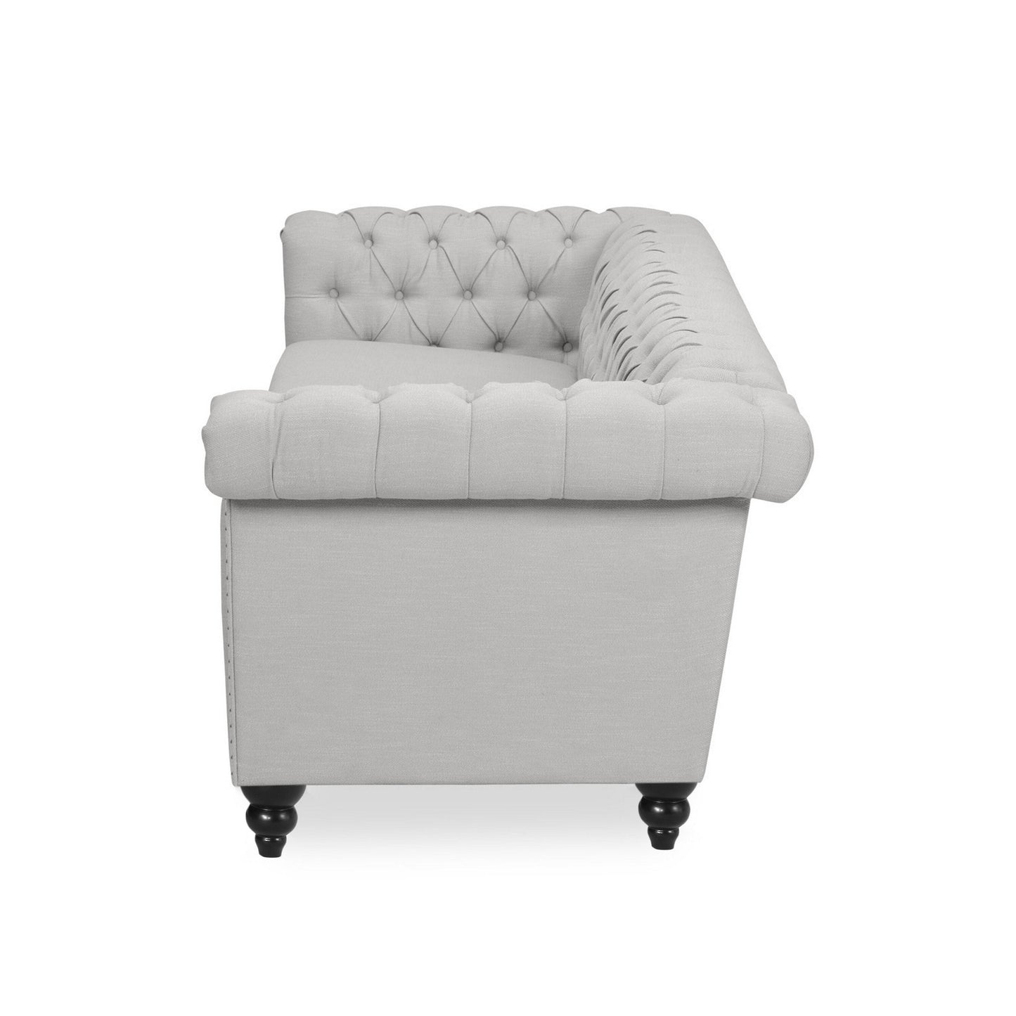Canapé 3 places, tissu gris capitonné, 210 cm, accoudoirs évasés et roulés