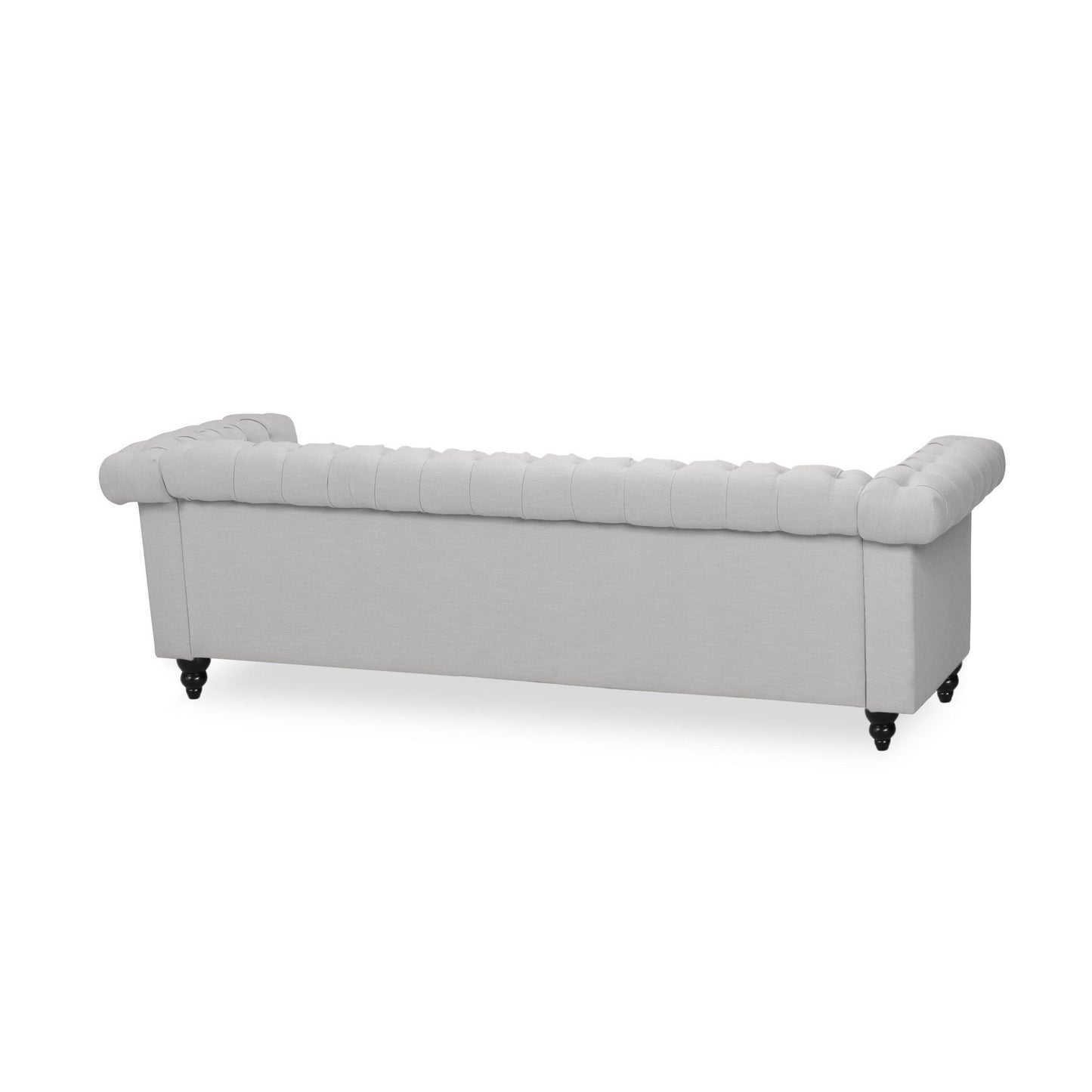 Canapé 3 places, tissu gris capitonné, 210 cm, accoudoirs évasés et roulés