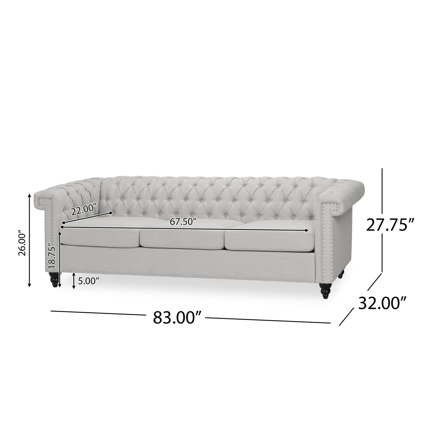 Canapé 3 places, tissu gris capitonné, 210 cm, accoudoirs évasés et roulés