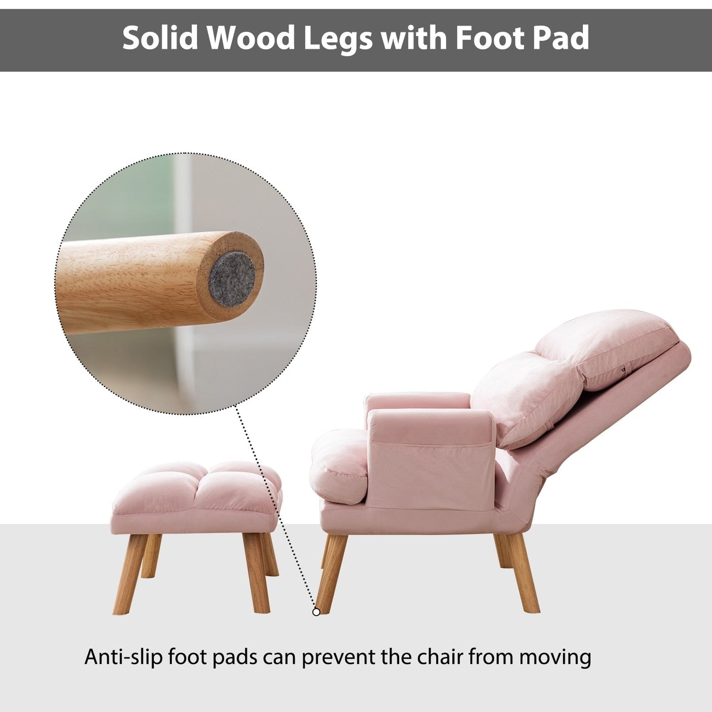 Soft Fabric Casual Living Room Armchair With Adjustable Backrest And Legs Stool