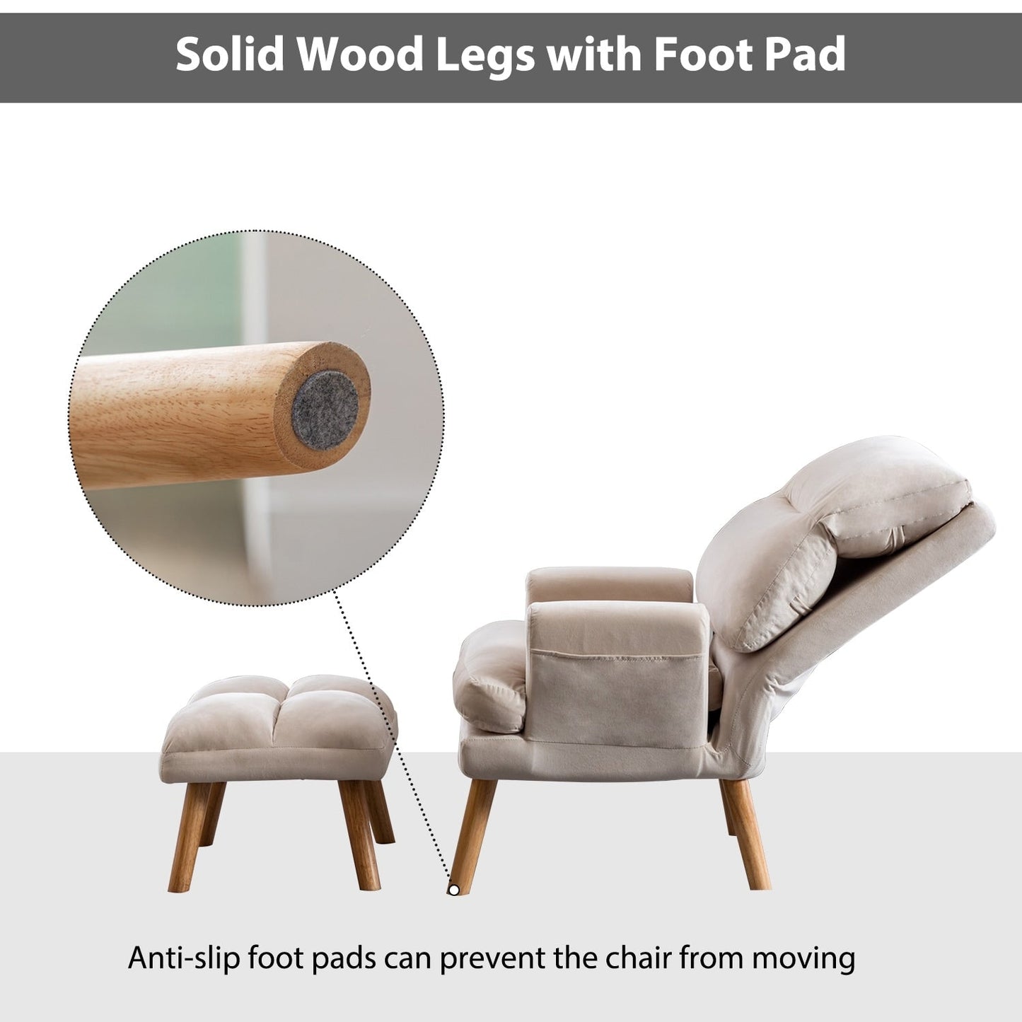 Soft Fabric Casual Living Room Armchair With Adjustable Backrest And Legs Stool