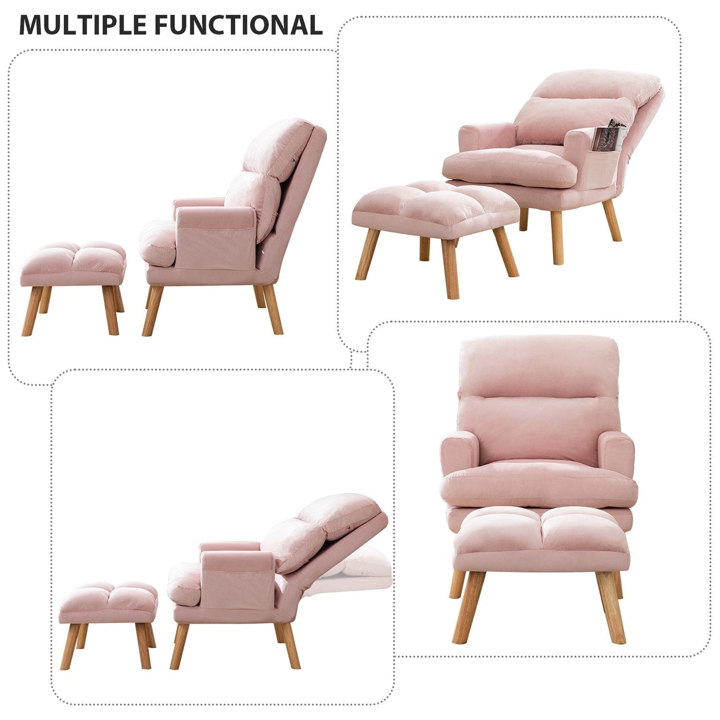 Soft Fabric Casual Living Room Armchair With Adjustable Backrest And Legs Stool