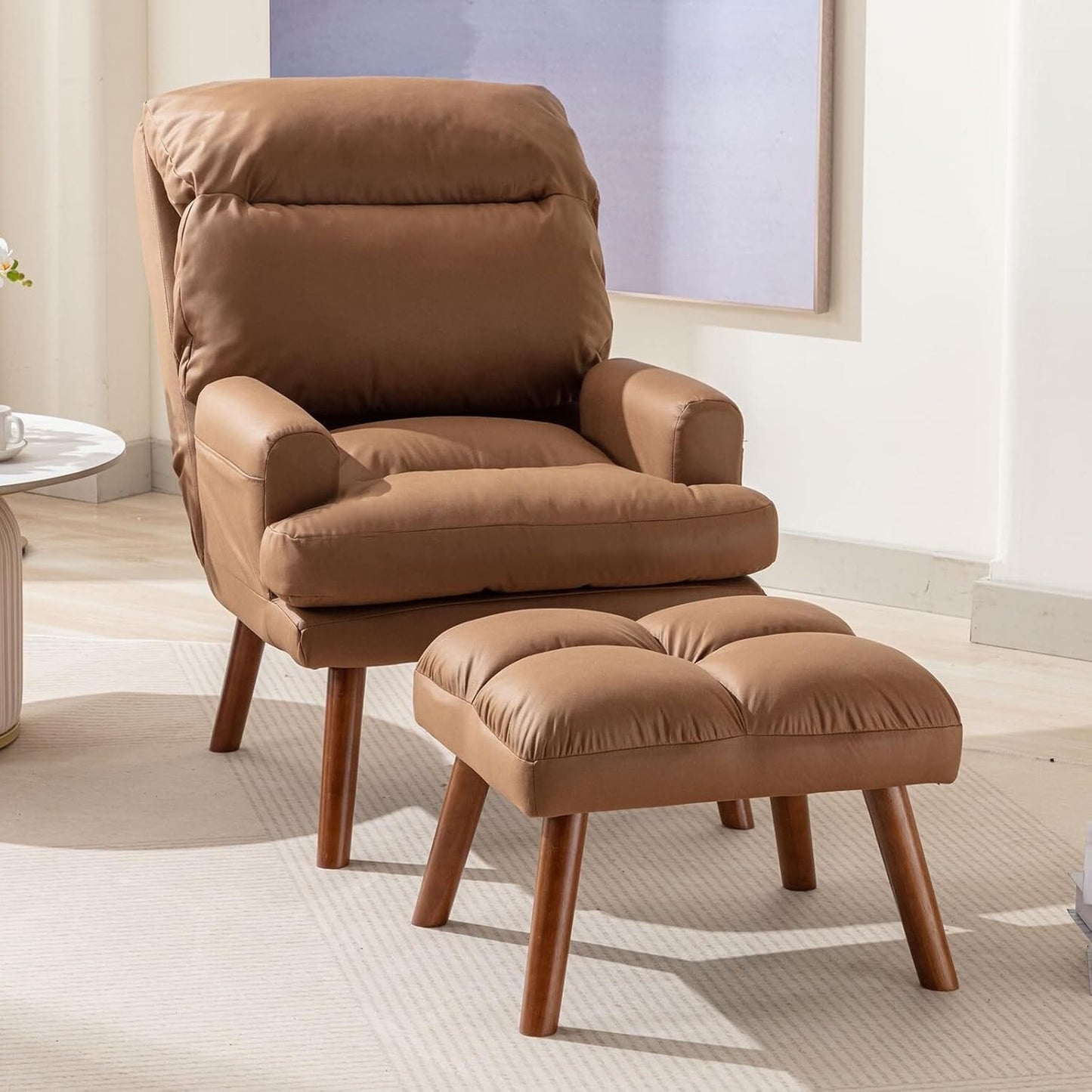 Soft Fabric Casual Living Room Armchair With Adjustable Backrest And Legs Stool