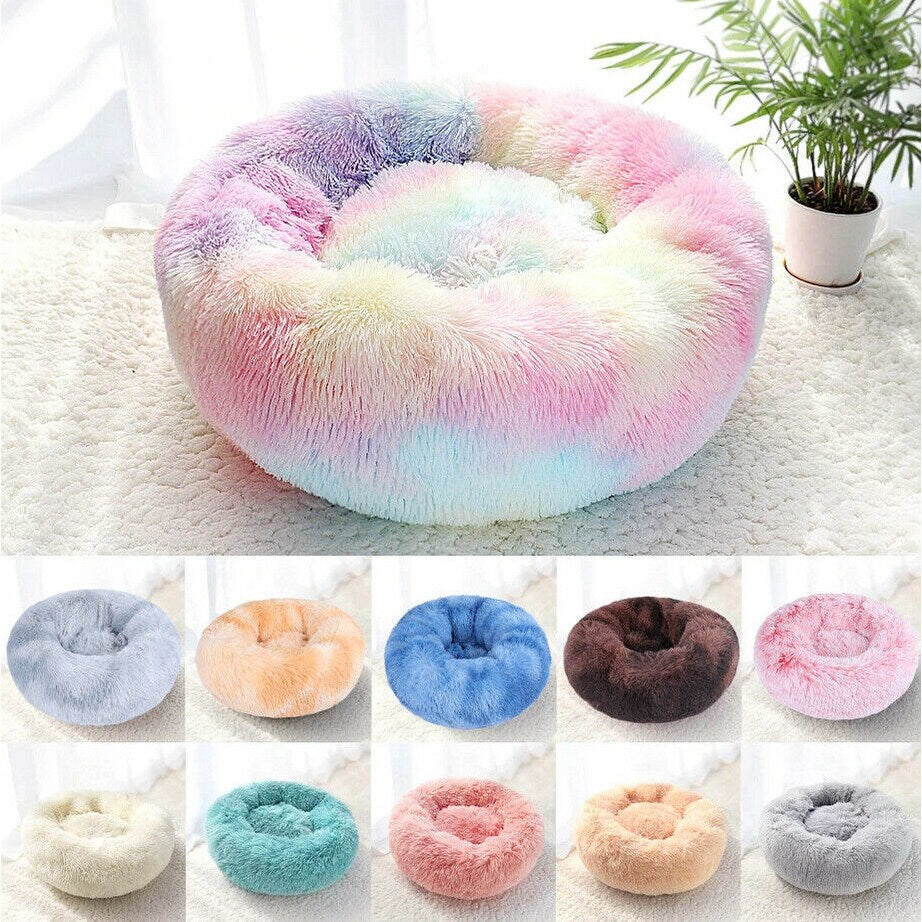 Long Plush Calming Pet Bed Round Donut Cuddler for Small Large Cat Dog