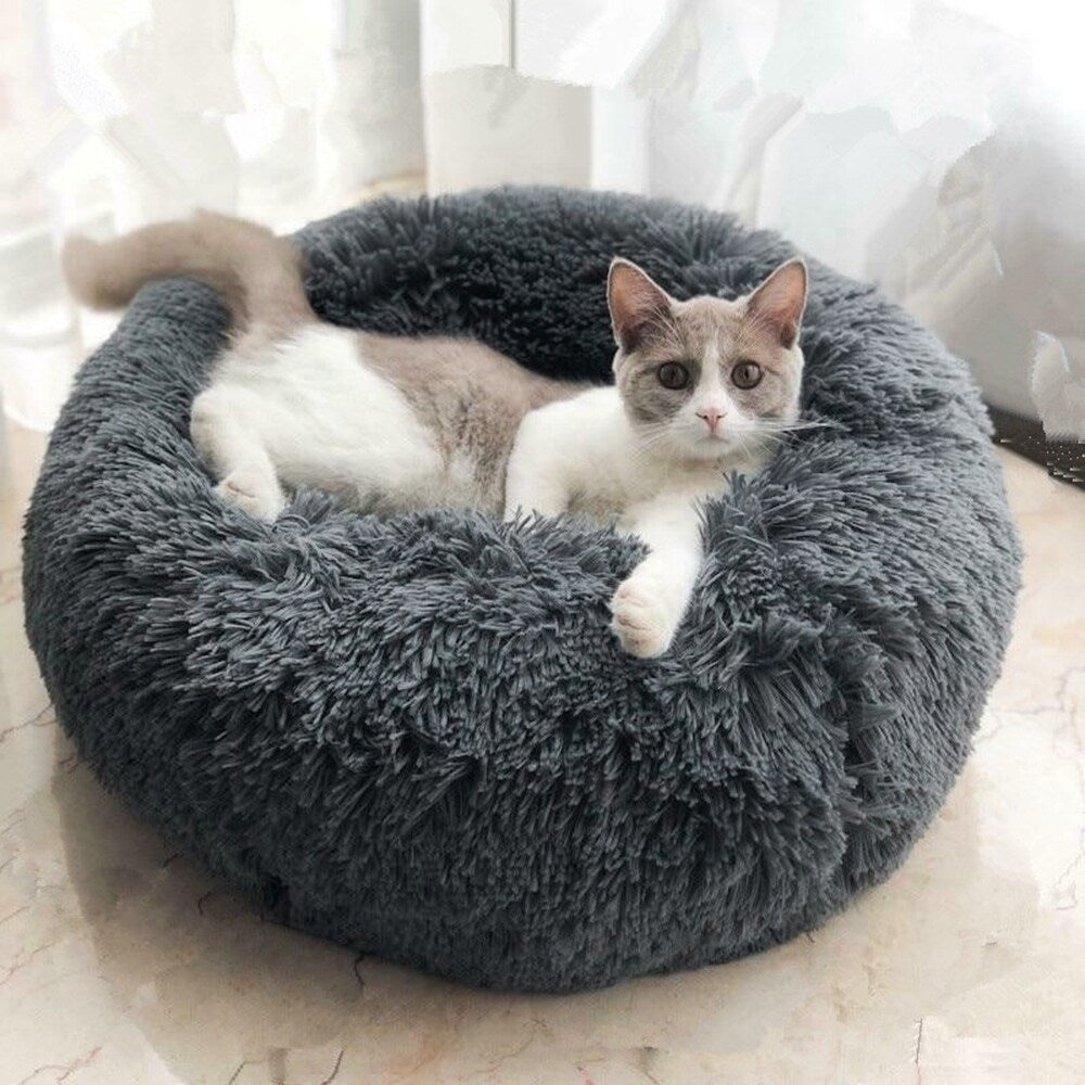 Long Plush Calming Pet Bed Round Donut Cuddler for Small Large Cat Dog