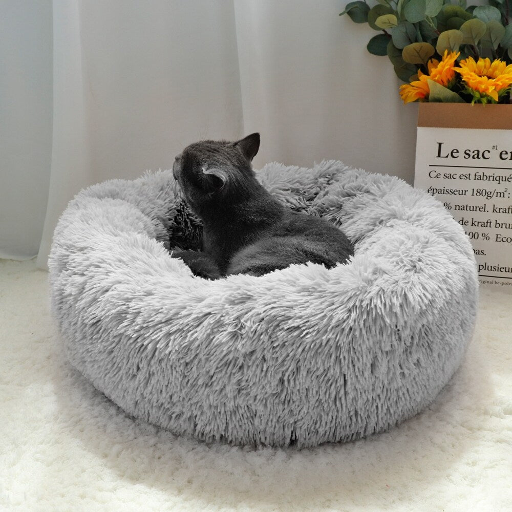 Long Plush Calming Pet Bed Round Donut Cuddler for Small Large Cat Dog