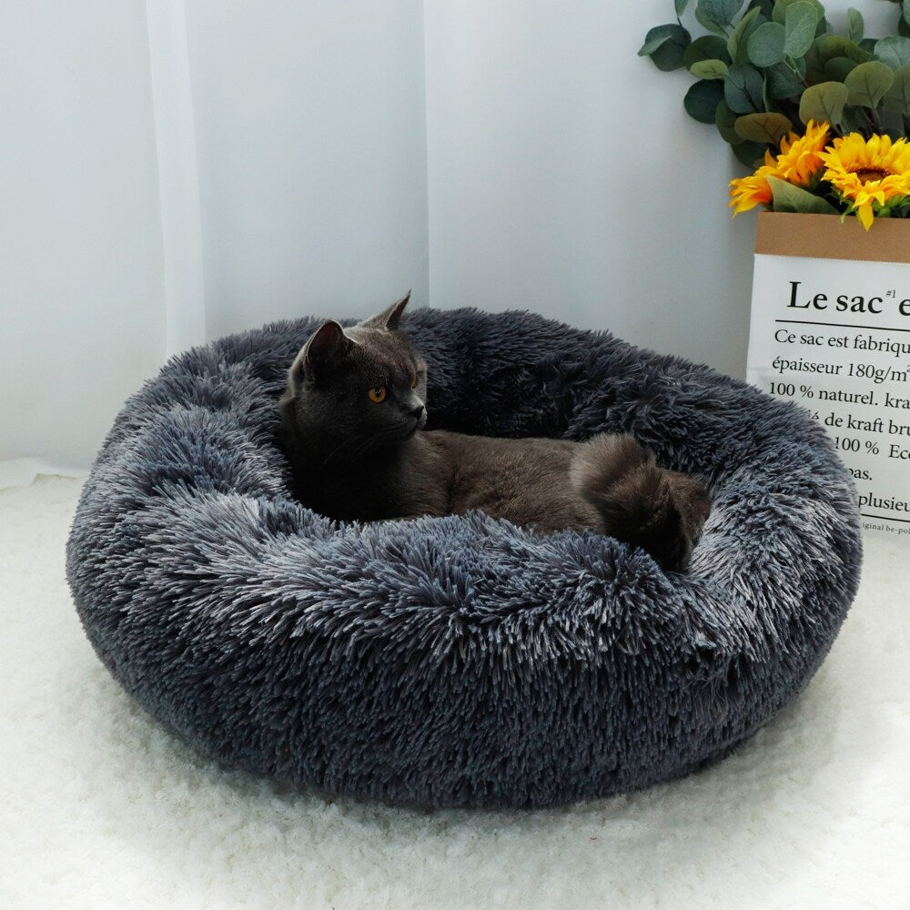 Long Plush Calming Pet Bed Round Donut Cuddler for Small Large Cat Dog