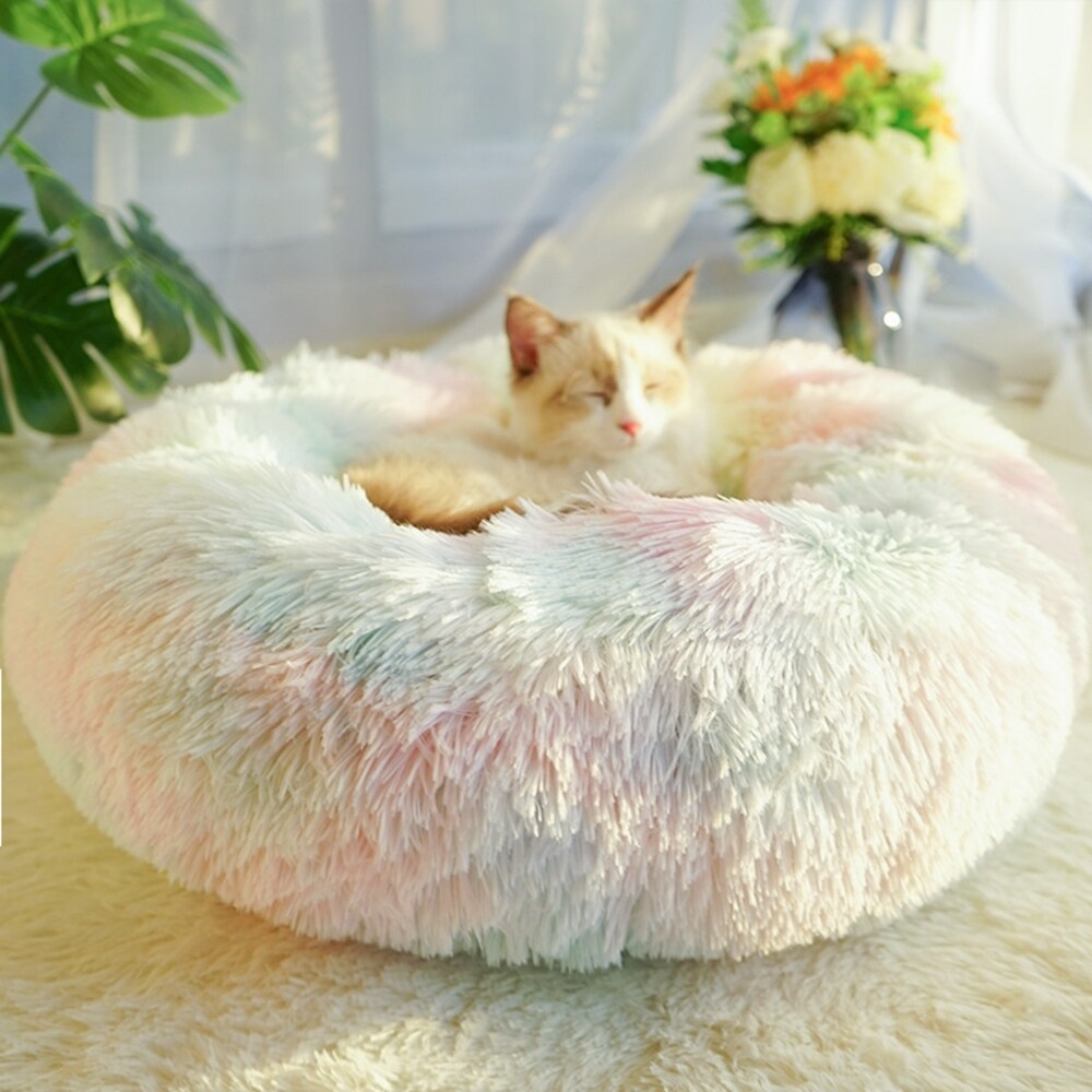 Long Plush Calming Pet Bed Round Donut Cuddler for Small Large Cat Dog