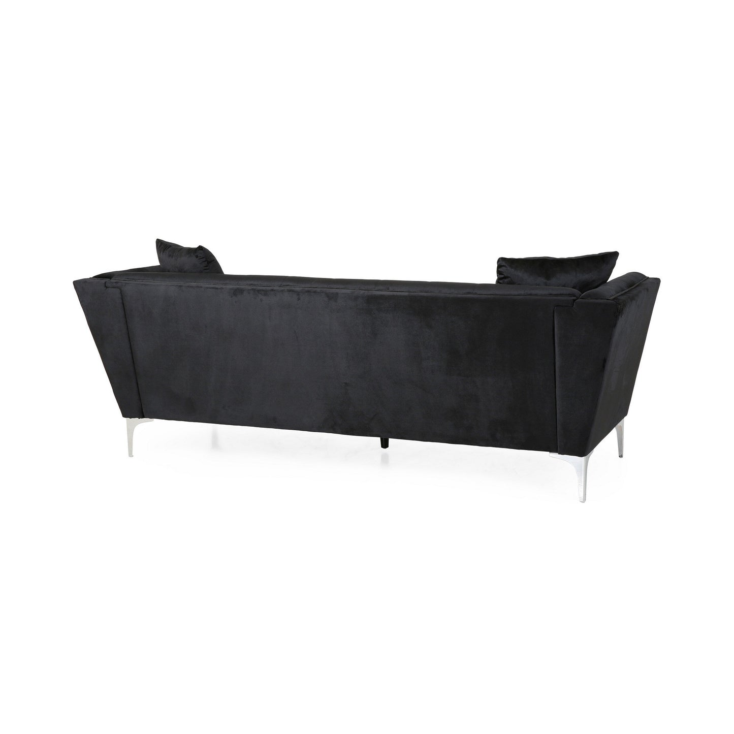 Canapé Sofy, Chesterfield moderne de 210 cm, velours noir élégant avec 2 coussins