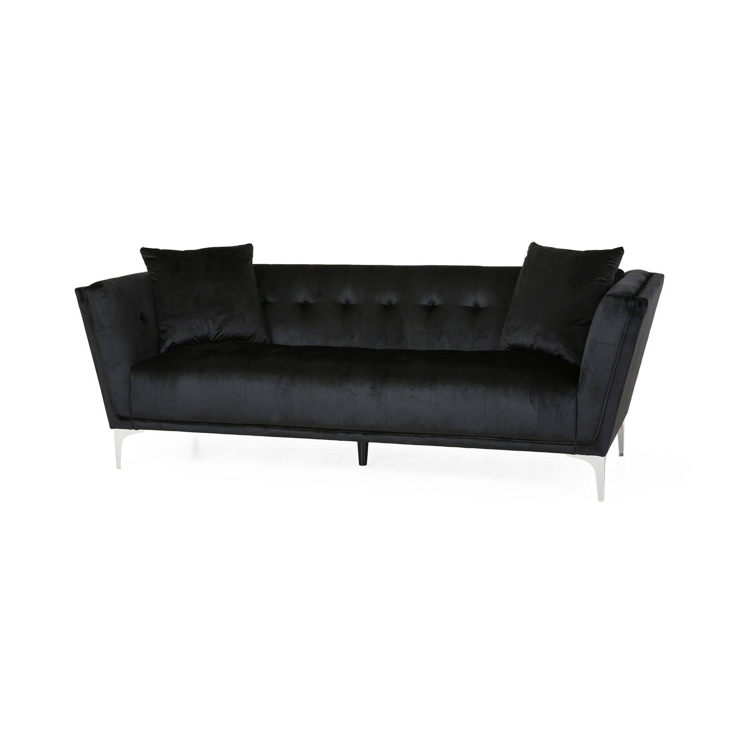 Canapé Sofy, Chesterfield moderne de 210 cm, velours noir élégant avec 2 coussins