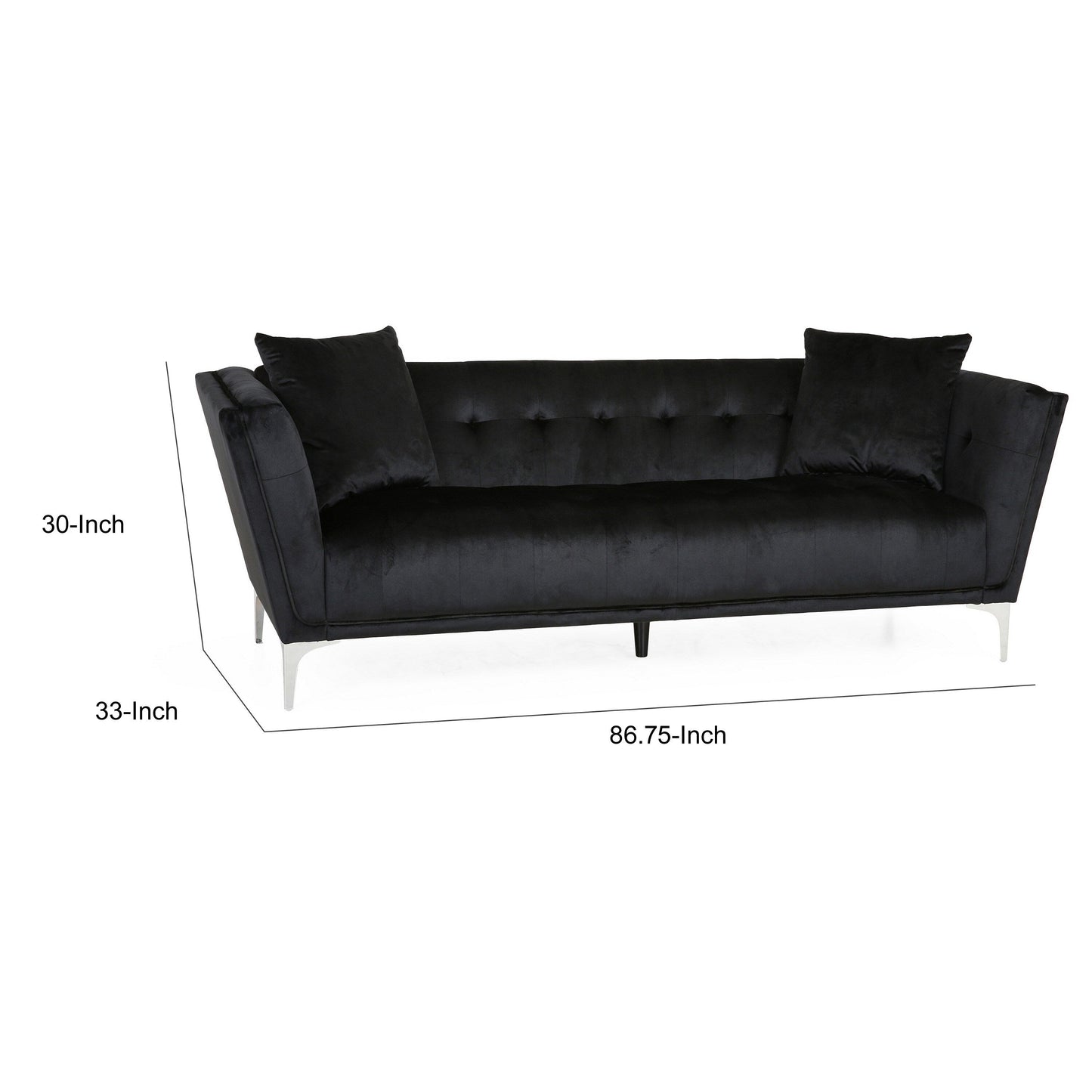 Canapé Sofy, Chesterfield moderne de 210 cm, velours noir élégant avec 2 coussins
