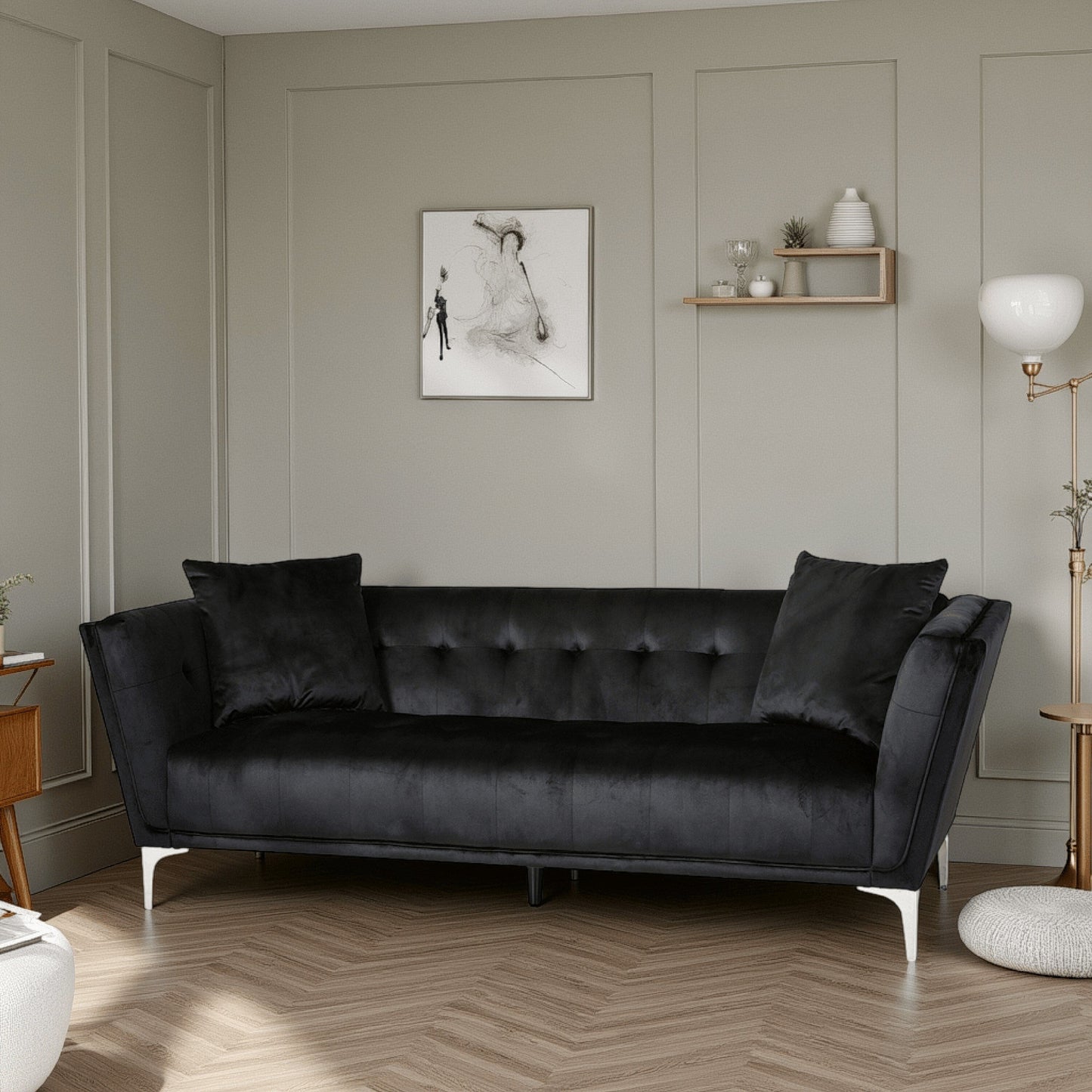 Canapé Sofy, Chesterfield moderne de 210 cm, velours noir élégant avec 2 coussins