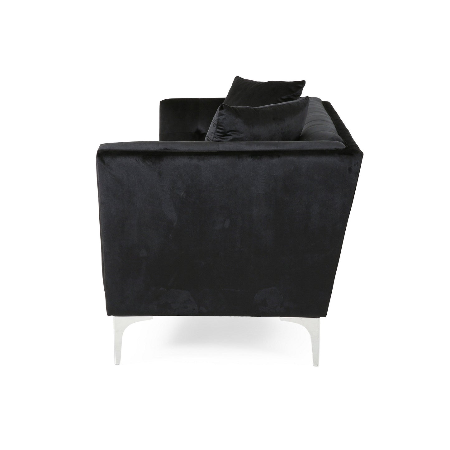 Canapé Sofy, Chesterfield moderne de 210 cm, velours noir élégant avec 2 coussins
