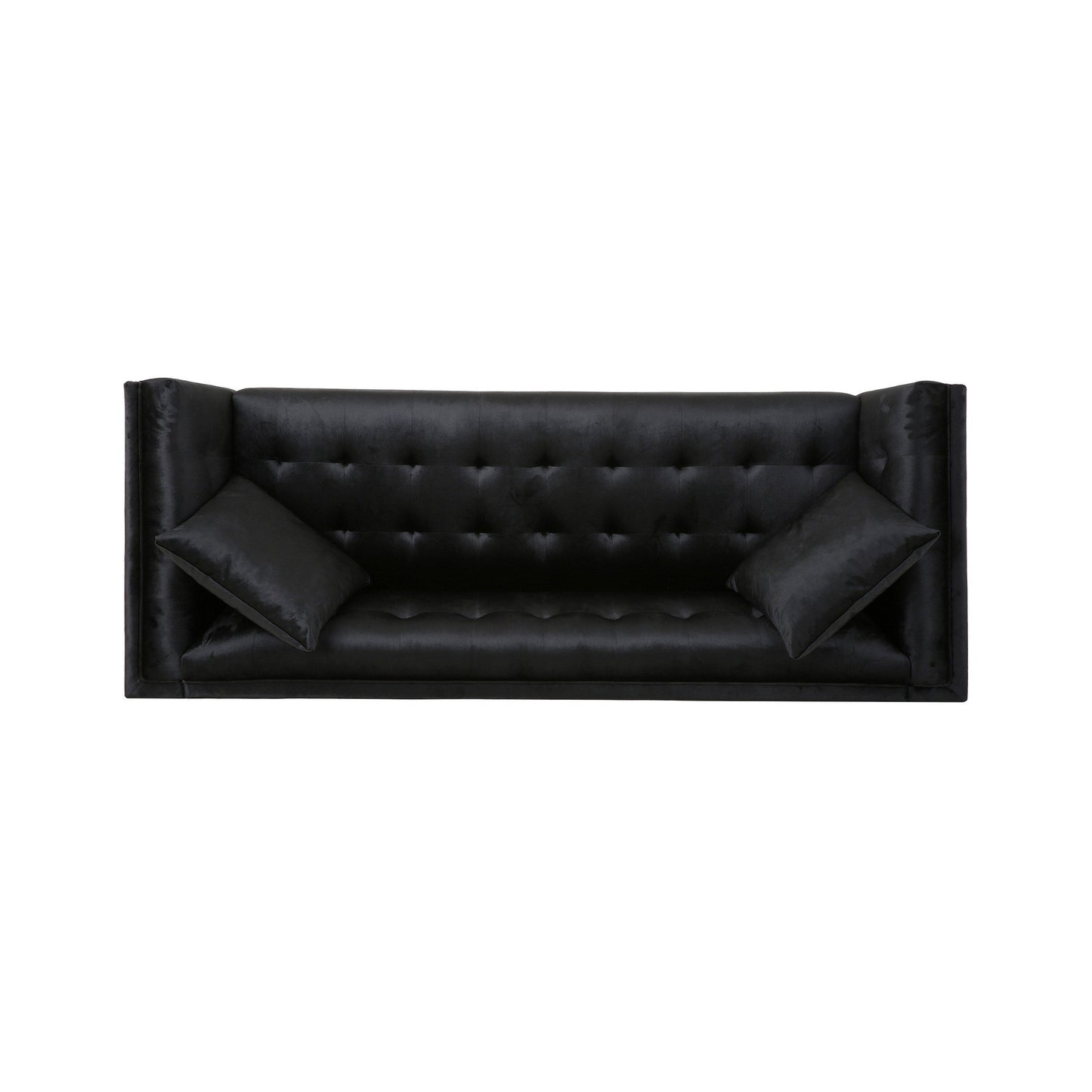 Canapé Sofy, Chesterfield moderne de 210 cm, velours noir élégant avec 2 coussins