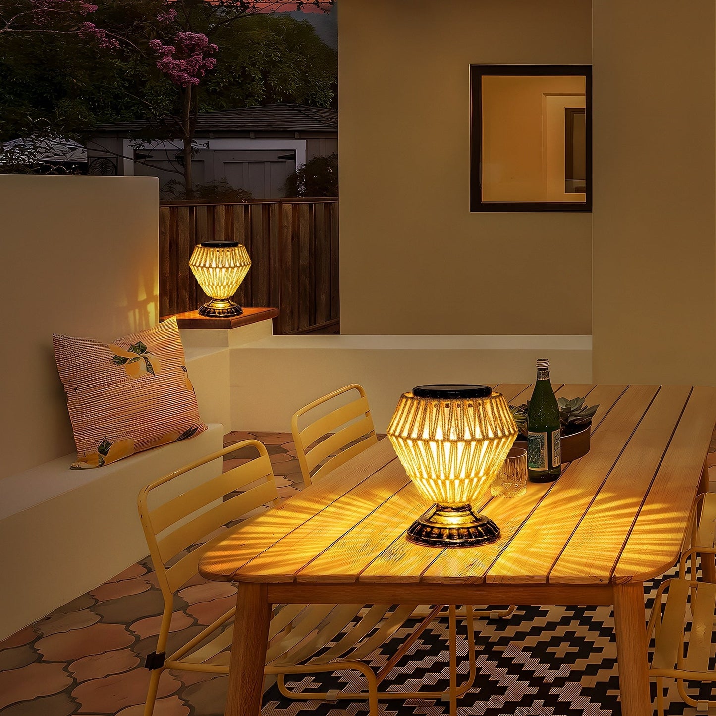 Solar Panel Rattan Woven Lights Dimmable Nightstand Desk Lamp Outdoor Indoor Decorative