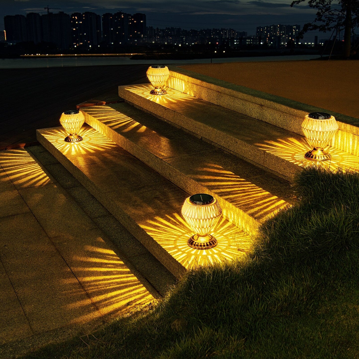 Solar Panel Rattan Woven Lights Dimmable Nightstand Desk Lamp Outdoor Indoor Decorative