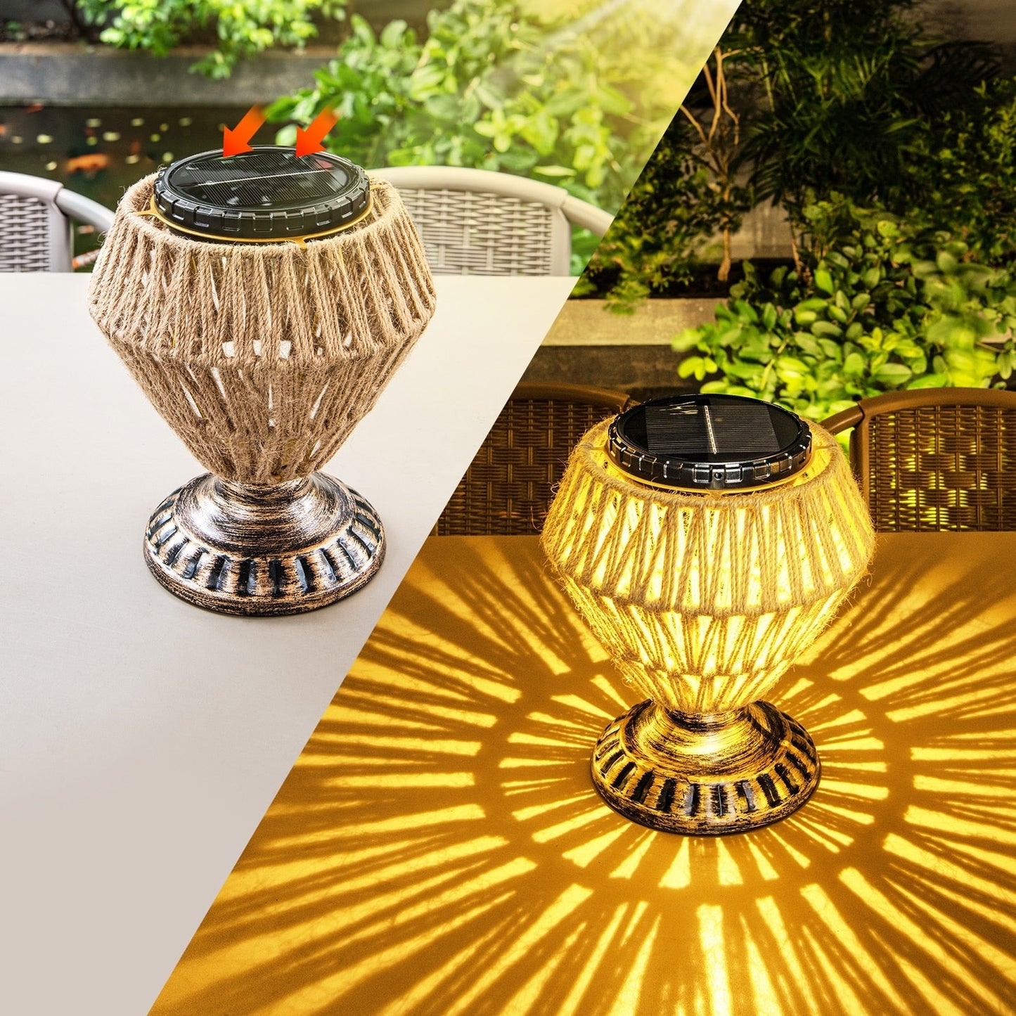 Solar Panel Rattan Woven Lights Dimmable Nightstand Desk Lamp Outdoor Indoor Decorative