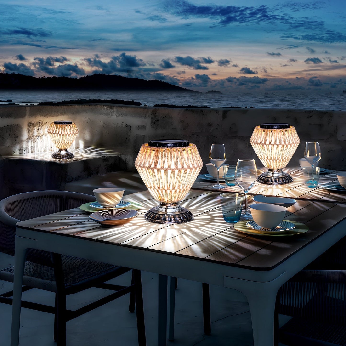 Solar Panel Rattan Woven Lights Dimmable Nightstand Desk Lamp Outdoor Indoor Decorative