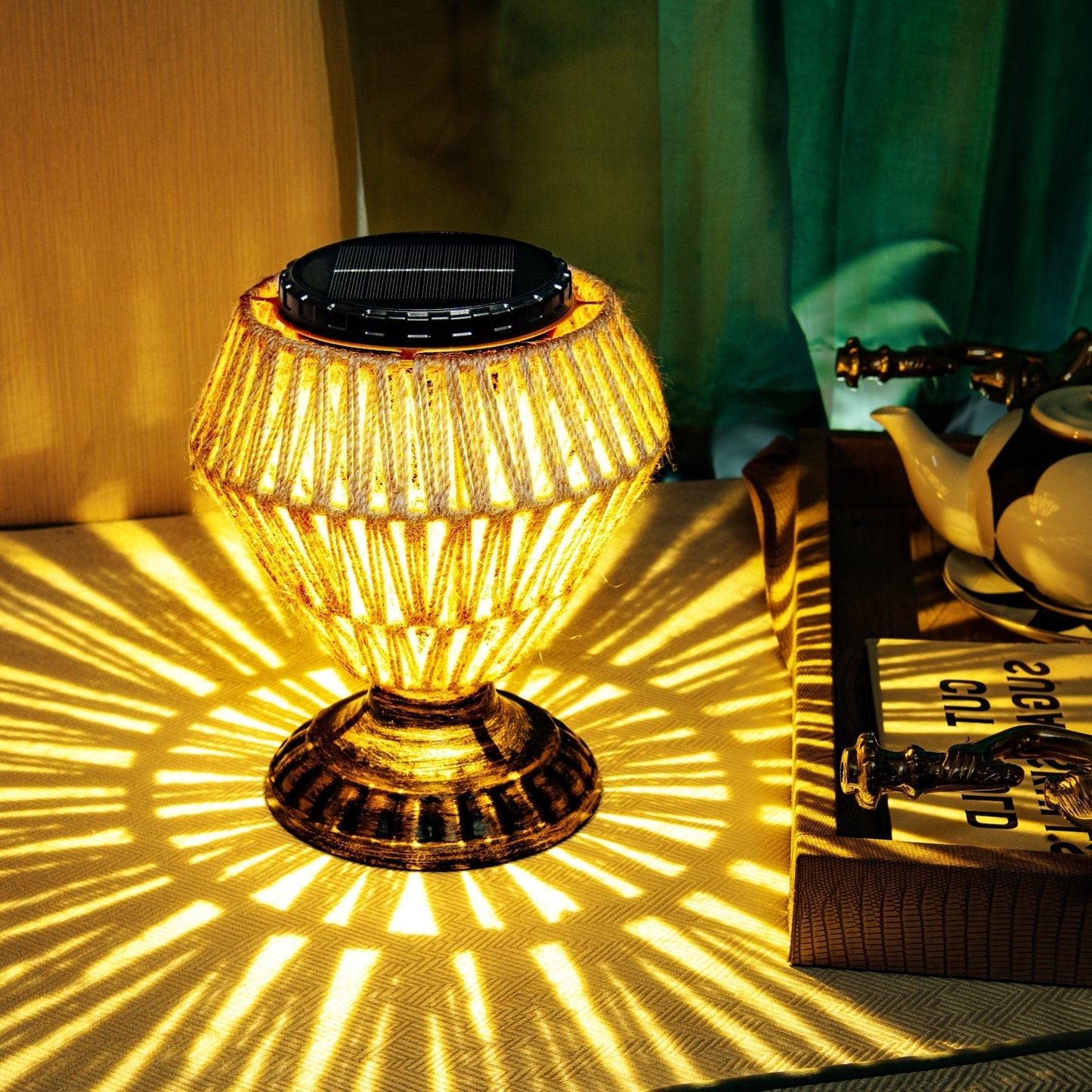 Solar Panel Rattan Woven Lights Dimmable Nightstand Desk Lamp Outdoor Indoor Decorative