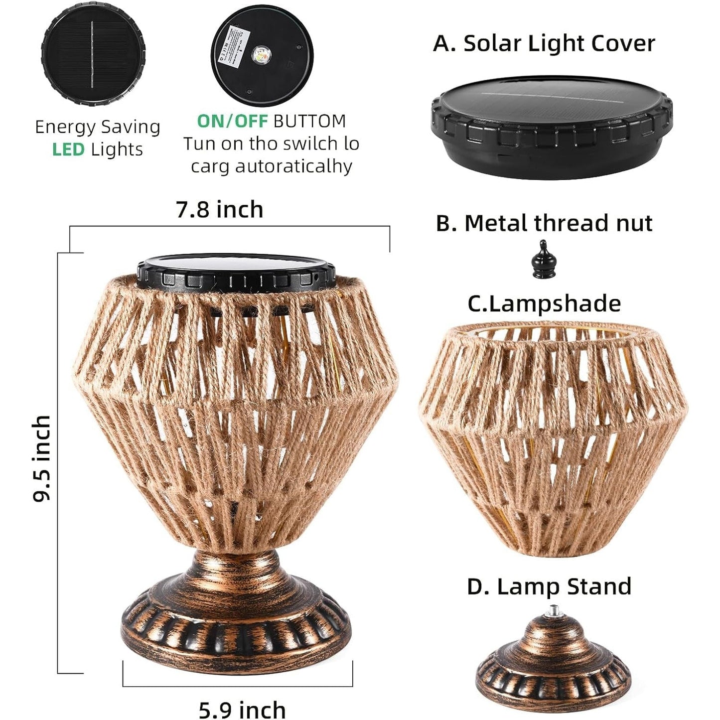 Solar Panel Rattan Woven Lights Dimmable Nightstand Desk Lamp Outdoor Indoor Decorative