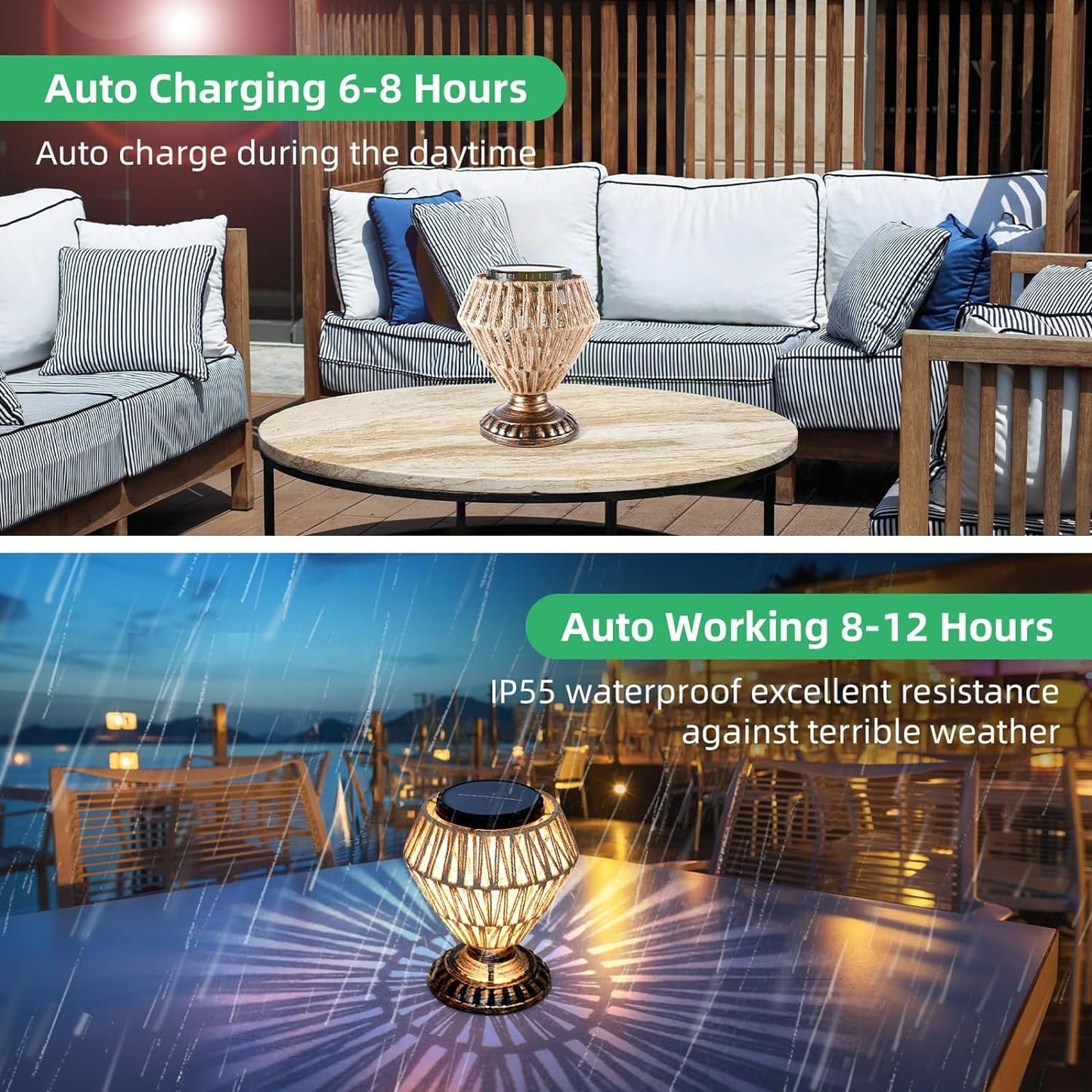 Solar Panel Rattan Woven Lights Dimmable Nightstand Desk Lamp Outdoor Indoor Decorative