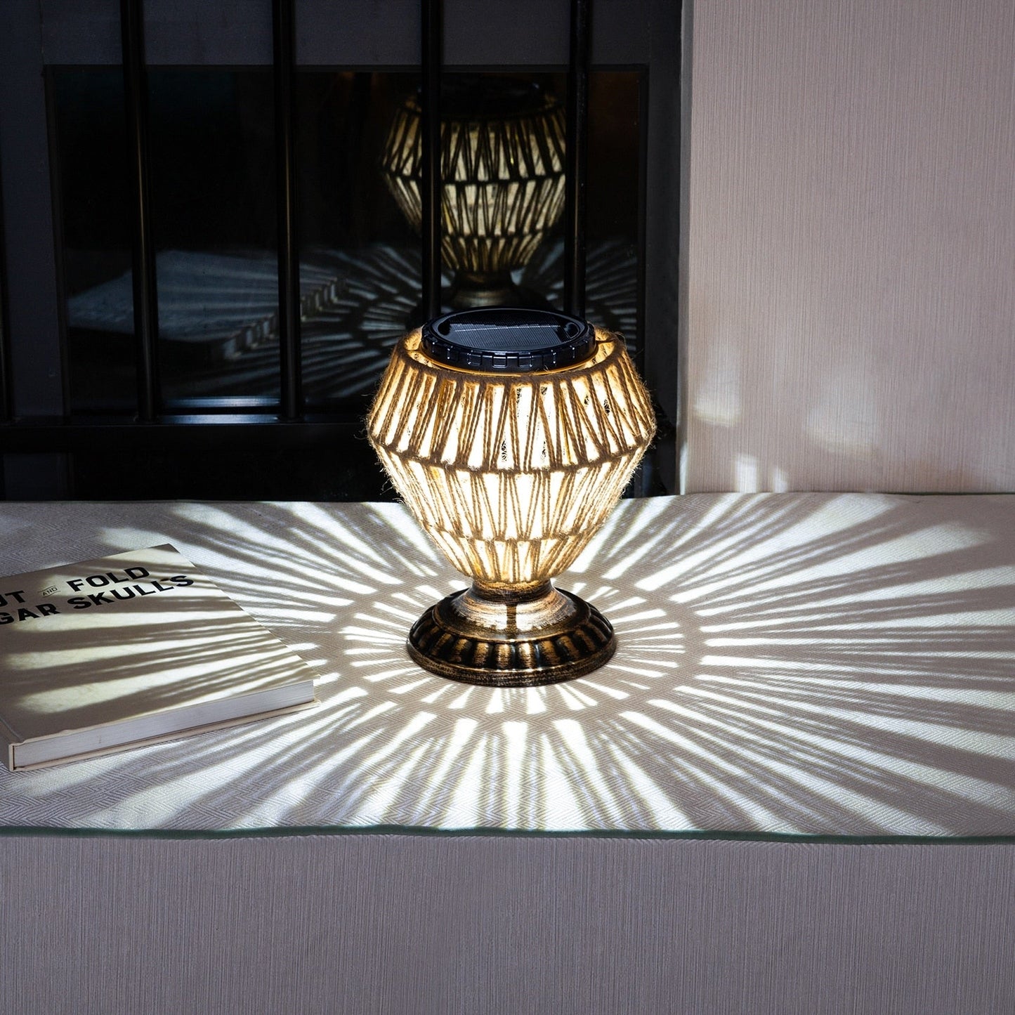 Solar Panel Rattan Woven Lights Dimmable Nightstand Desk Lamp Outdoor Indoor Decorative
