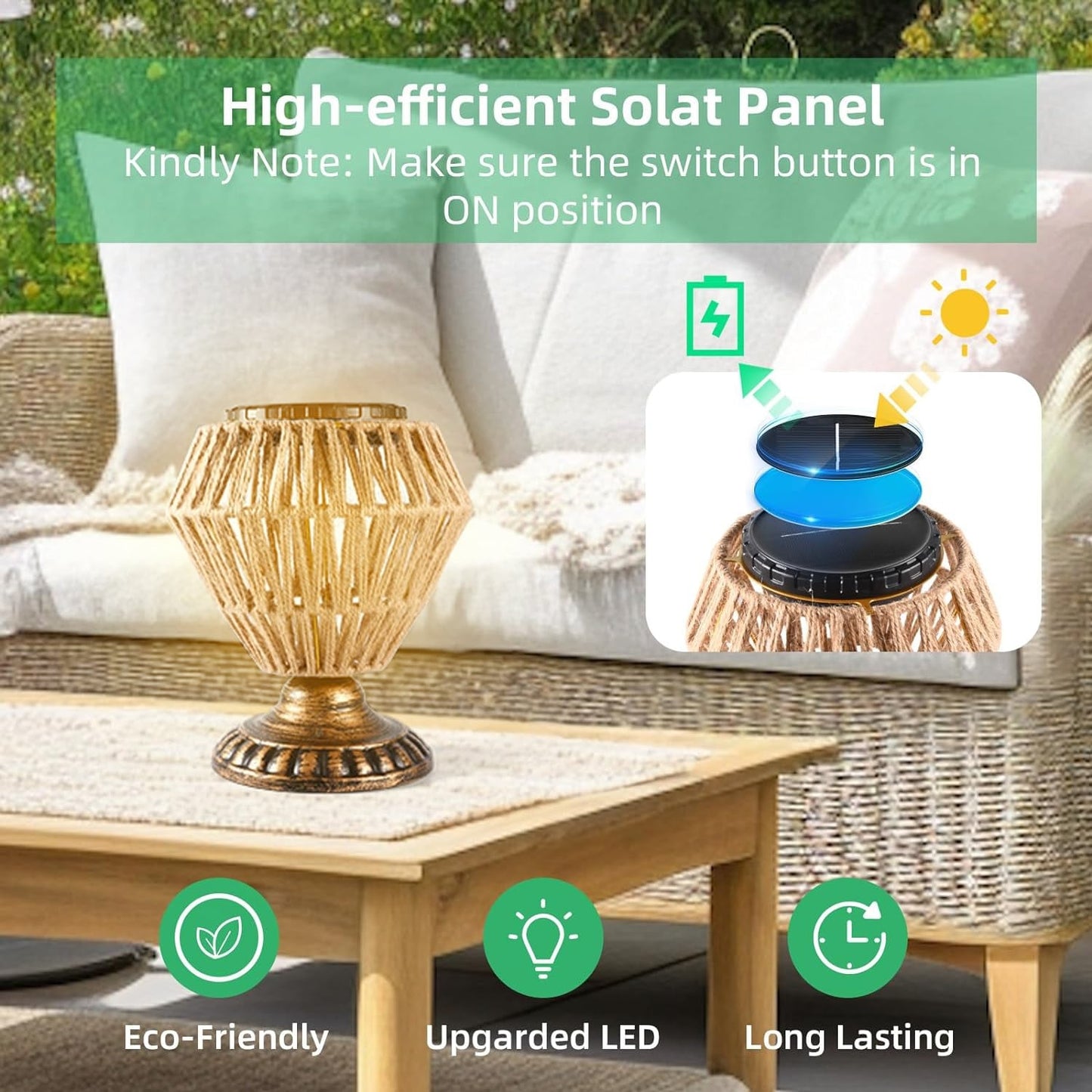 Solar Panel Rattan Woven Lights Dimmable Nightstand Desk Lamp Outdoor Indoor Decorative