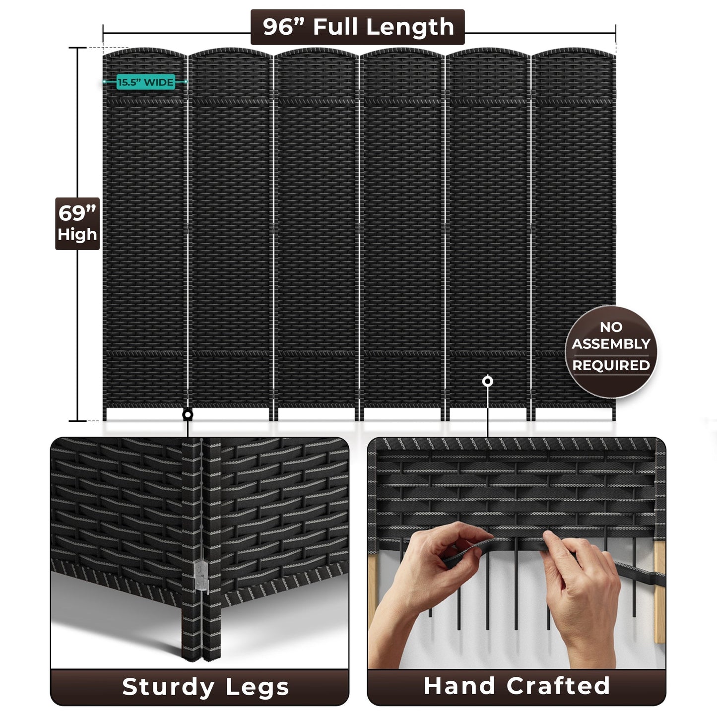 Sorbus 6 Panel Room Divider Tall Privacy Partition Screen Extra Wide Double Hinged Mesh Hand-Woven Folding Wall Divider - 6ft