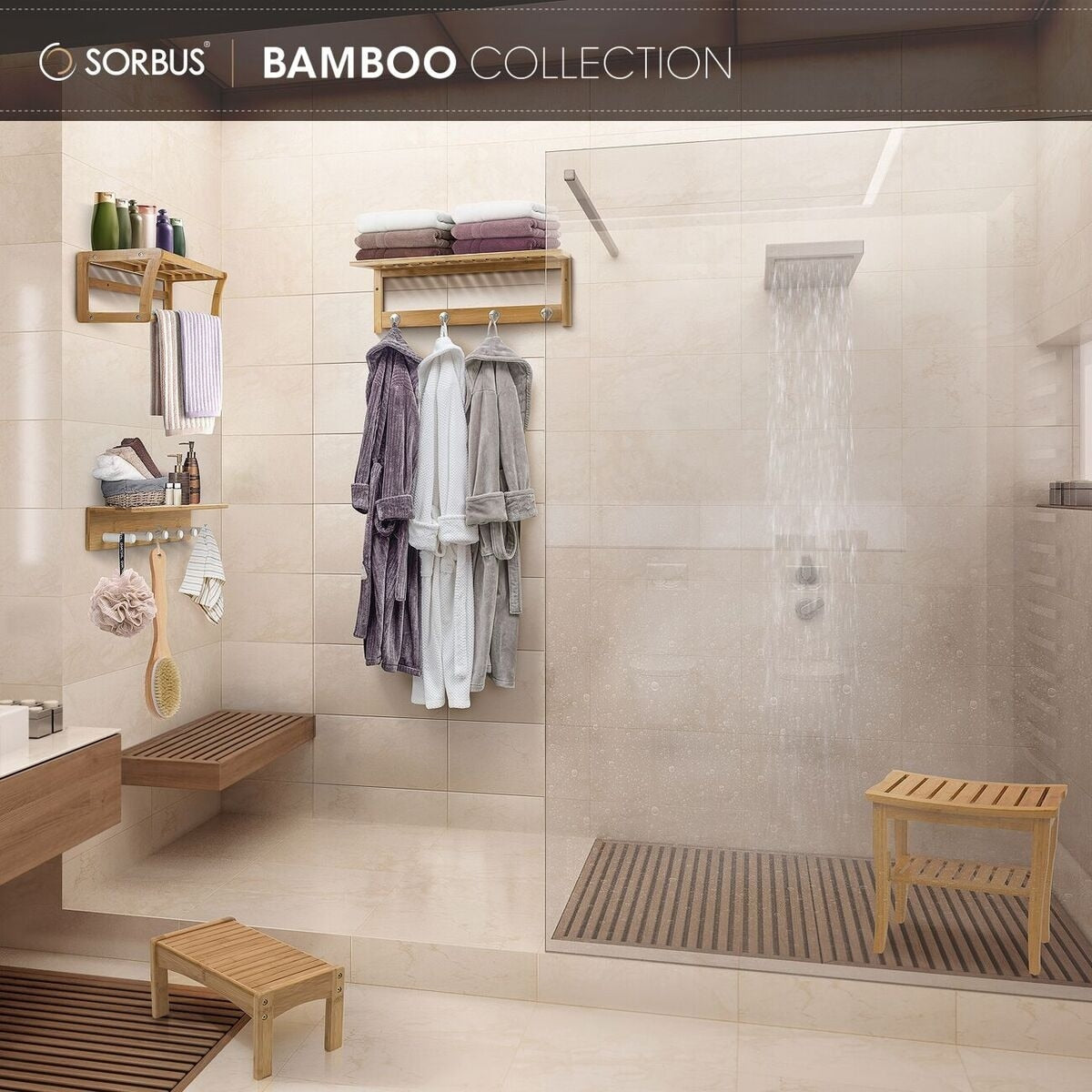 Sorbus Bamboo Shower Bench/Stool Wood Storage & Seating for Bathroom