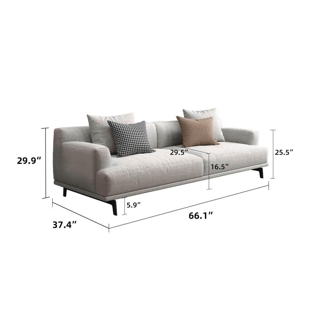 Canapé droit en tissu beige à accoudoirs carrés