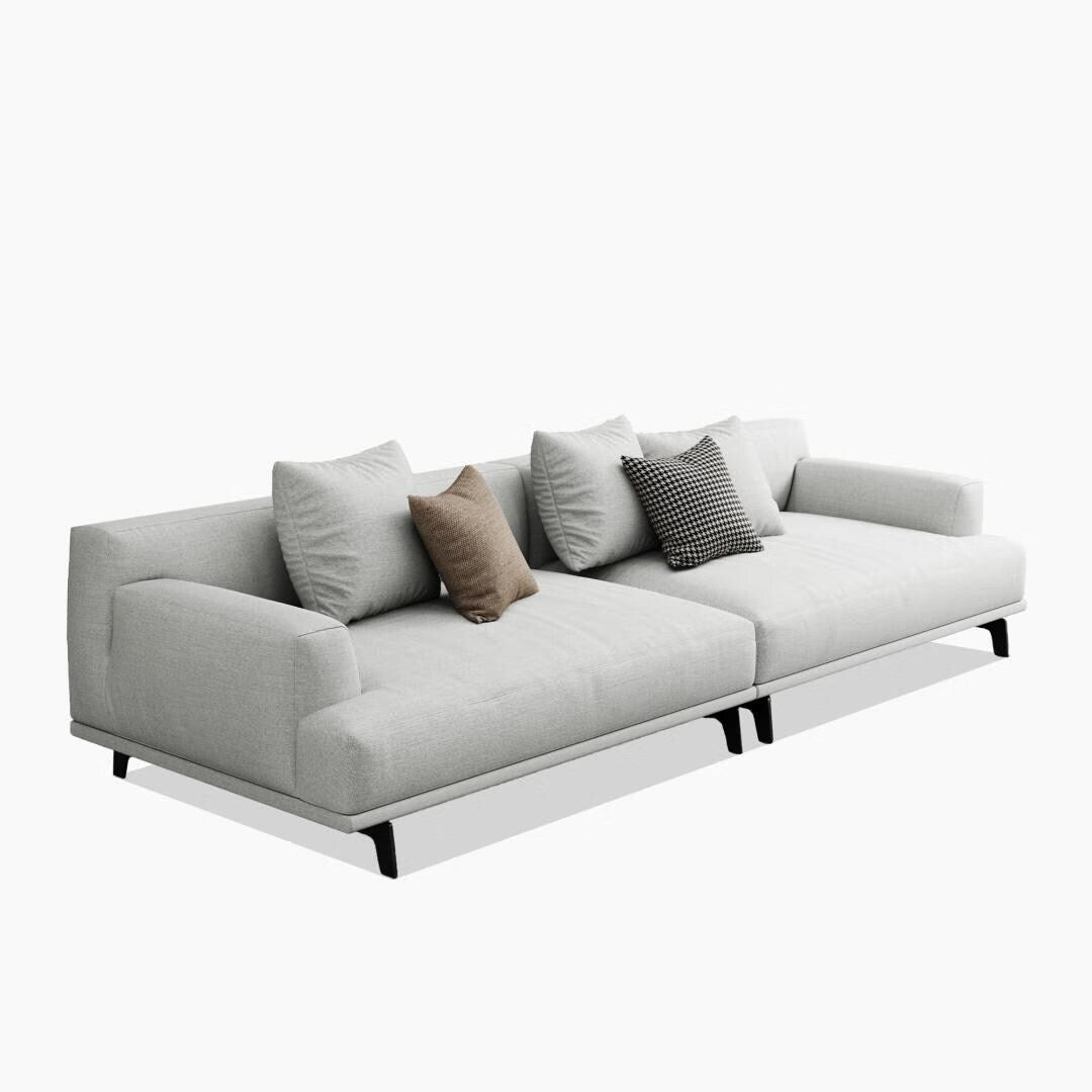 Canapé droit en tissu beige à accoudoirs carrés