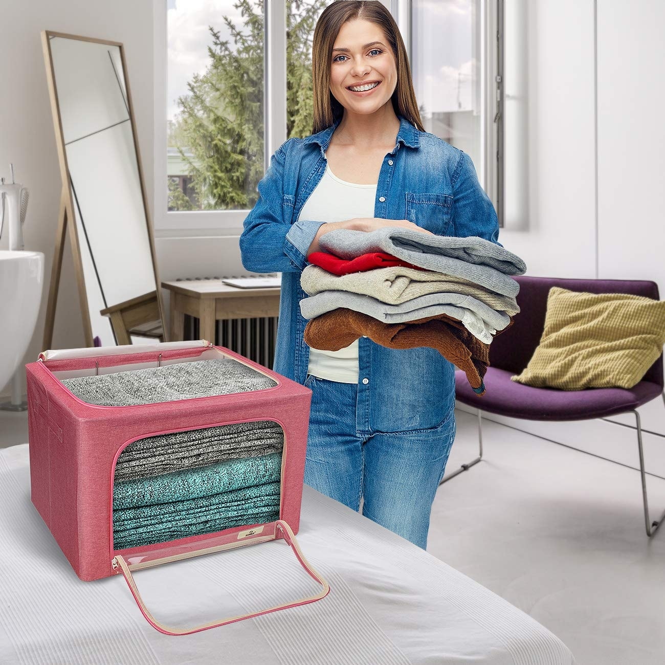 Storage Bins, Foldable Stackable Container Organizer Set with Large Window & Carry Handles