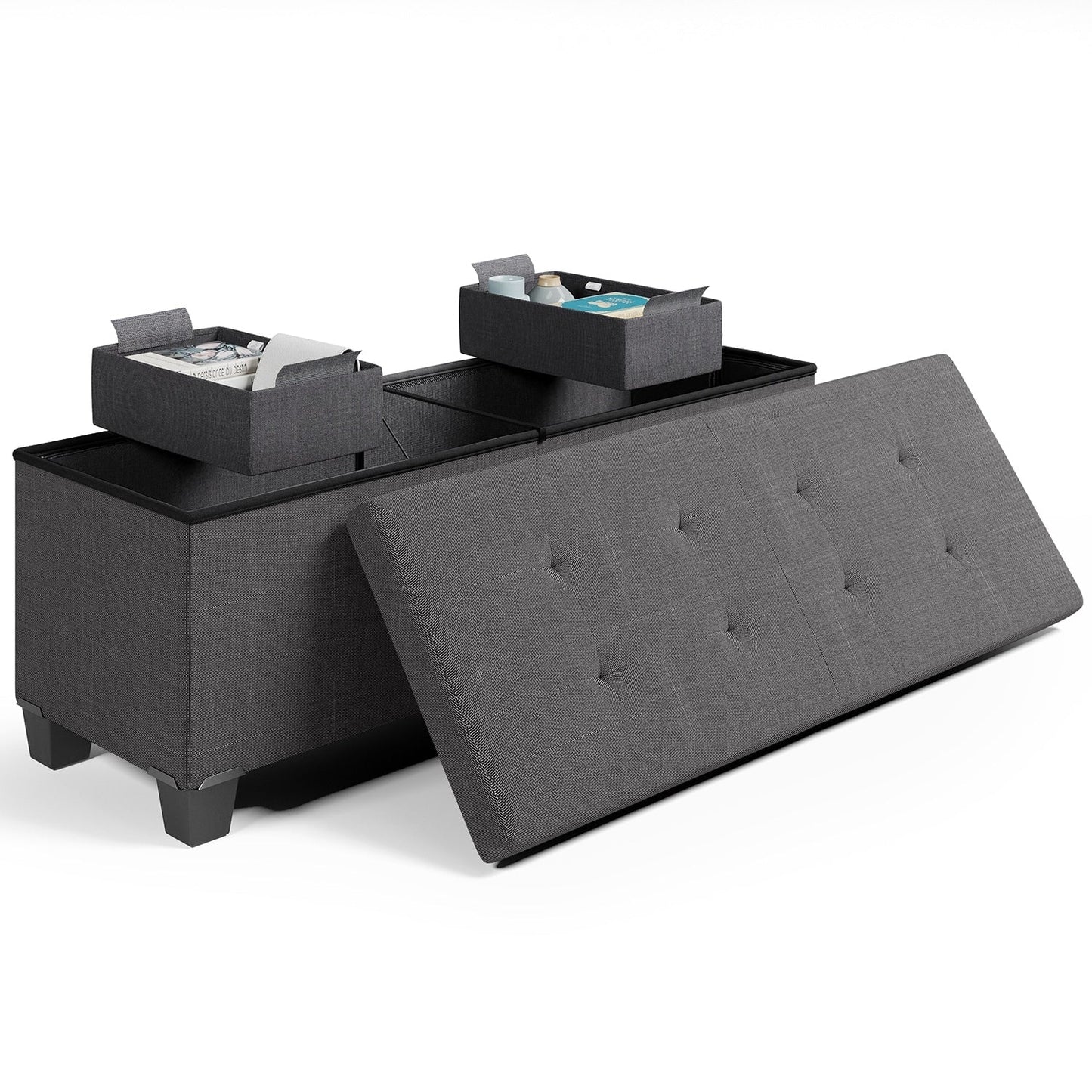 StorageBud Tuffted Folding Foot Rest Storage Ottoman Bench with Storage Bins