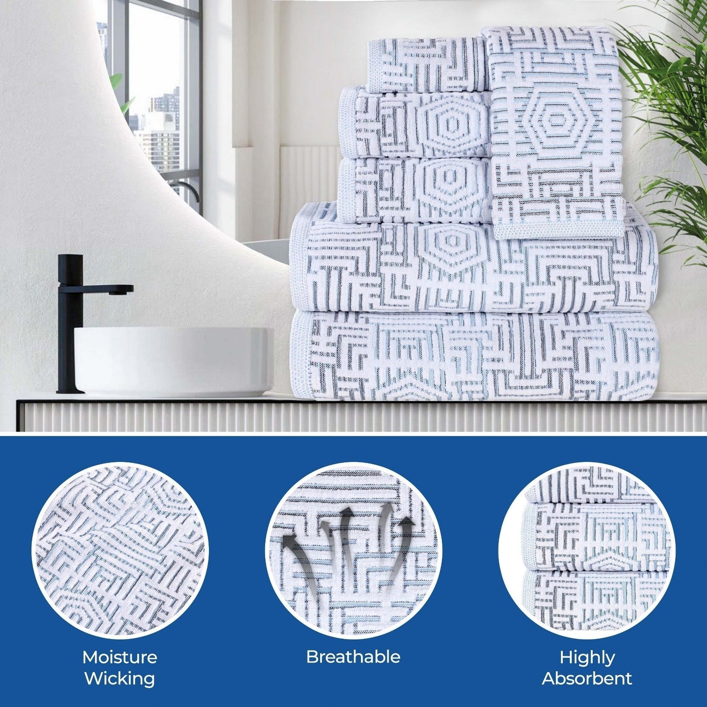 Superior Jasper Cotton Modern Jacquard Soft 3 Piece Bathroom Towel Set