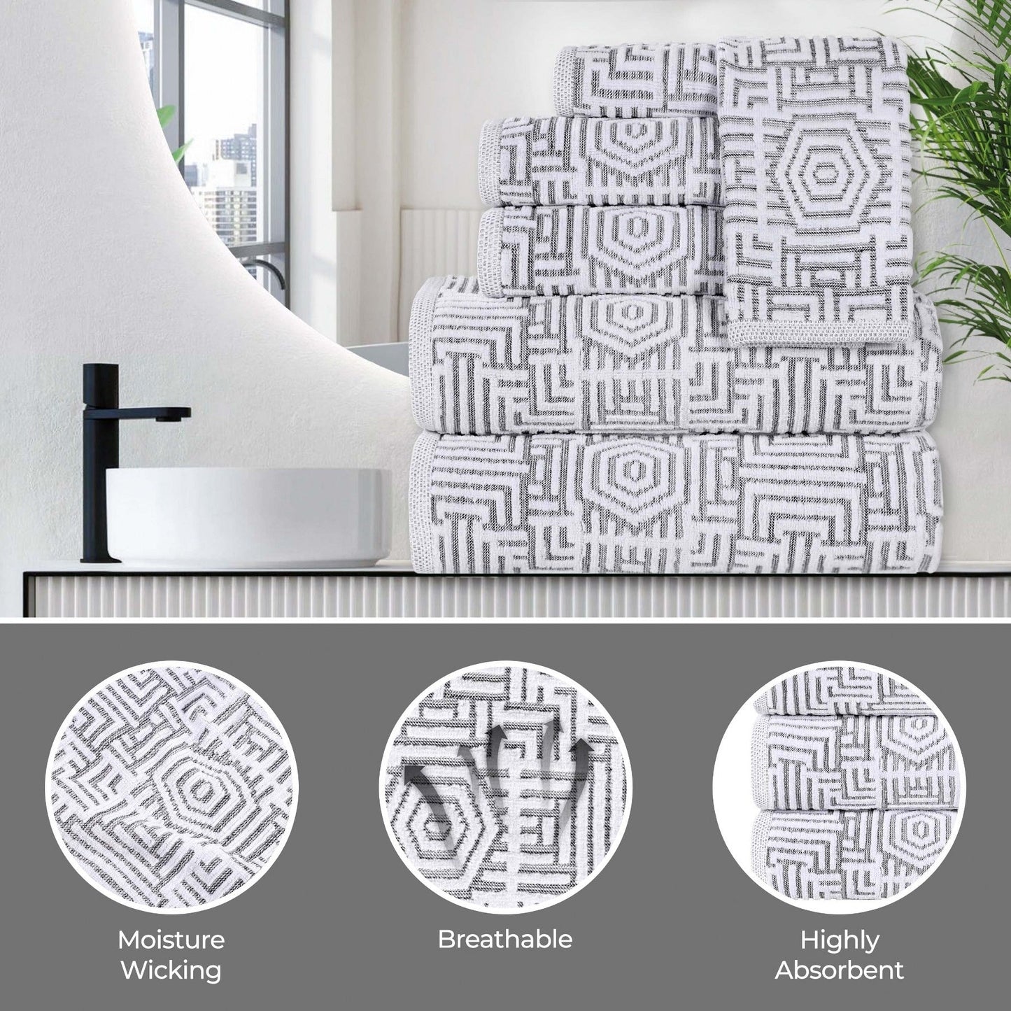 Superior Jasper Cotton Modern Jacquard Soft 3 Piece Bathroom Towel Set