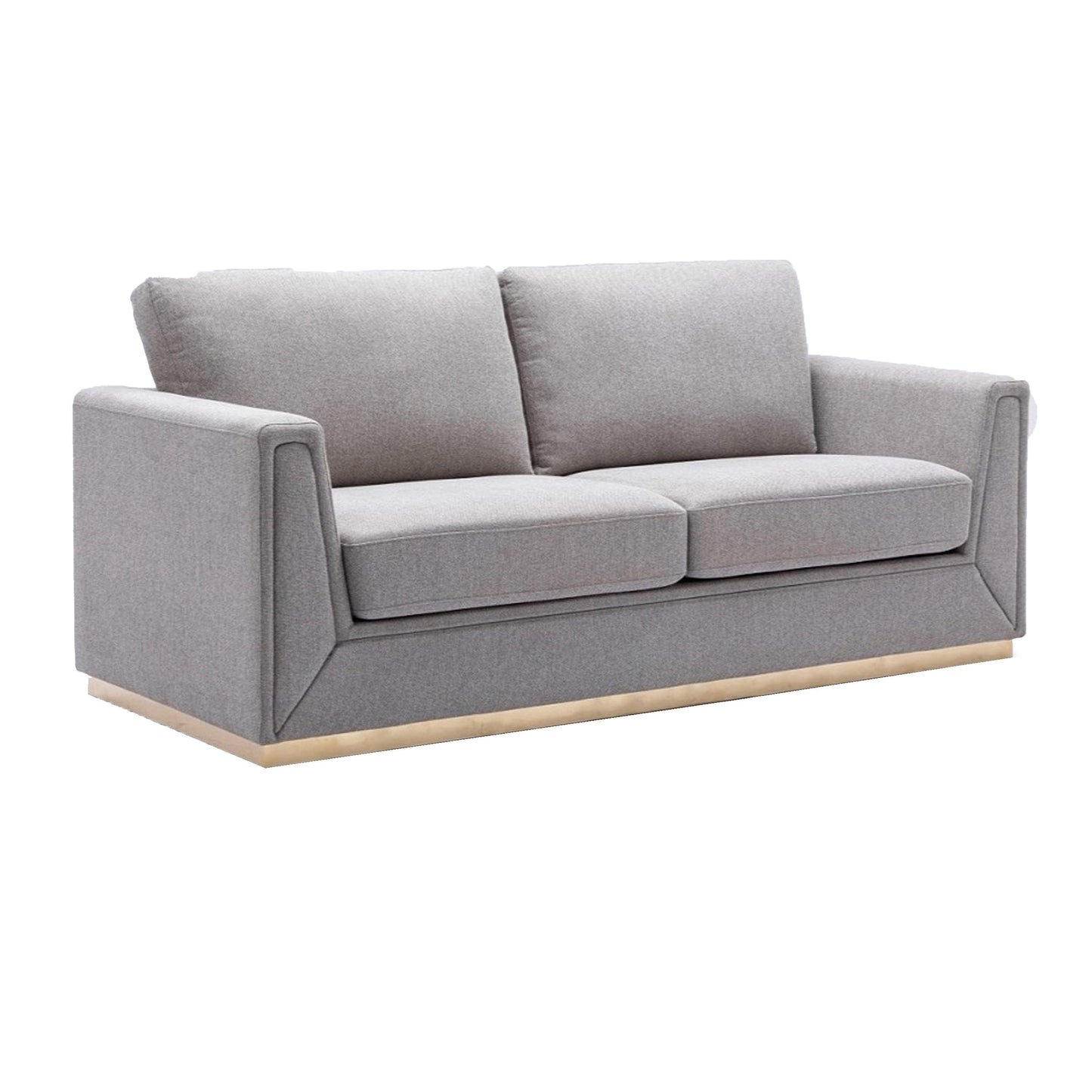 Canapé Sylvie, lin gris, métal doré, coussins carrés modernes 77 pouces
