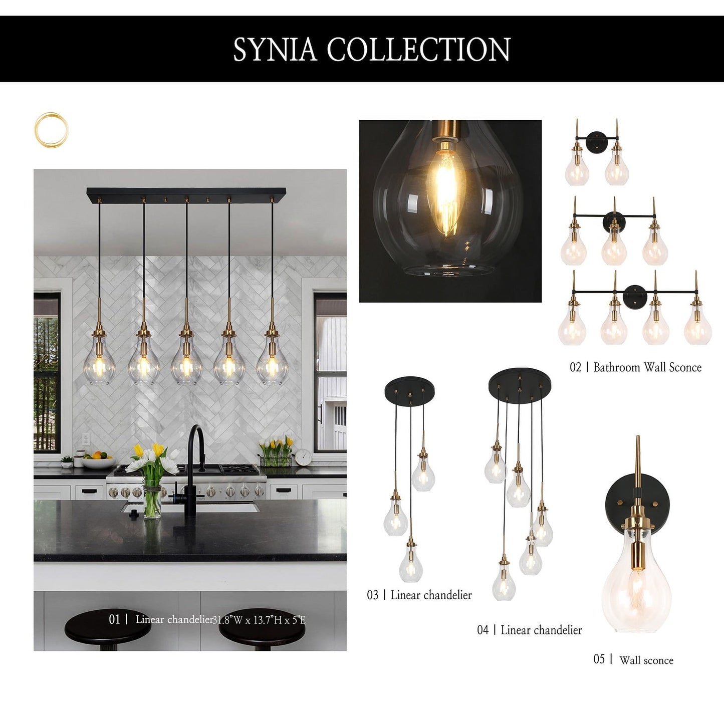 Synia Modern 5-Light Cluster Teardrop Glass Chandelier Stair Entryway Pendant Light for High Ceiling - D15'' x H18.2-74.2''