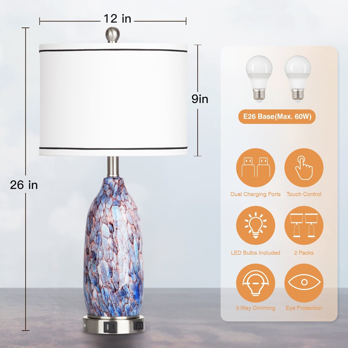 Table Lamp with Nightlight 2in1 Indigo Glass Lamp Body Charging Ports AC Outlet Drum Shade Touch Dimming Switch(Set of 2)