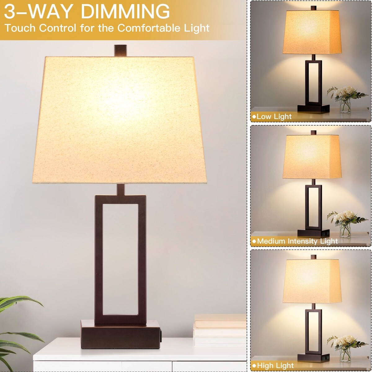 Table Lamps Brown Matte Metal Beige Shade with USB Type-C Charging Ports AC Outlet 3-Way Touch Dimming Switch (Set of 2)