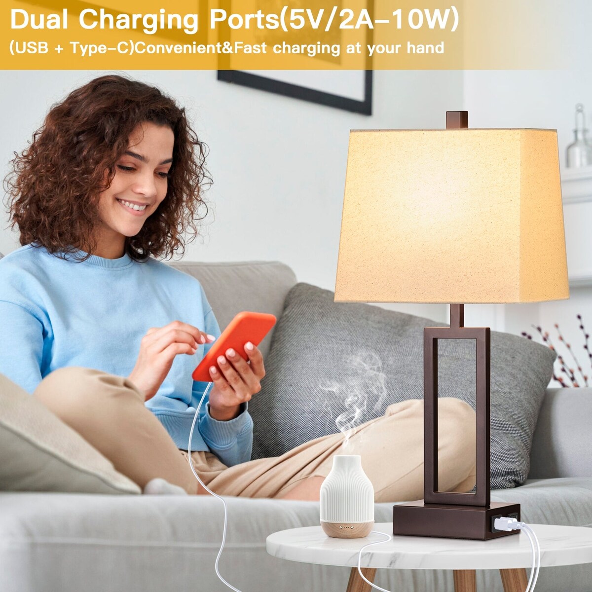 Table Lamps Brown Matte Metal Beige Shade with USB Type-C Charging Ports AC Outlet 3-Way Touch Dimming Switch (Set of 2)