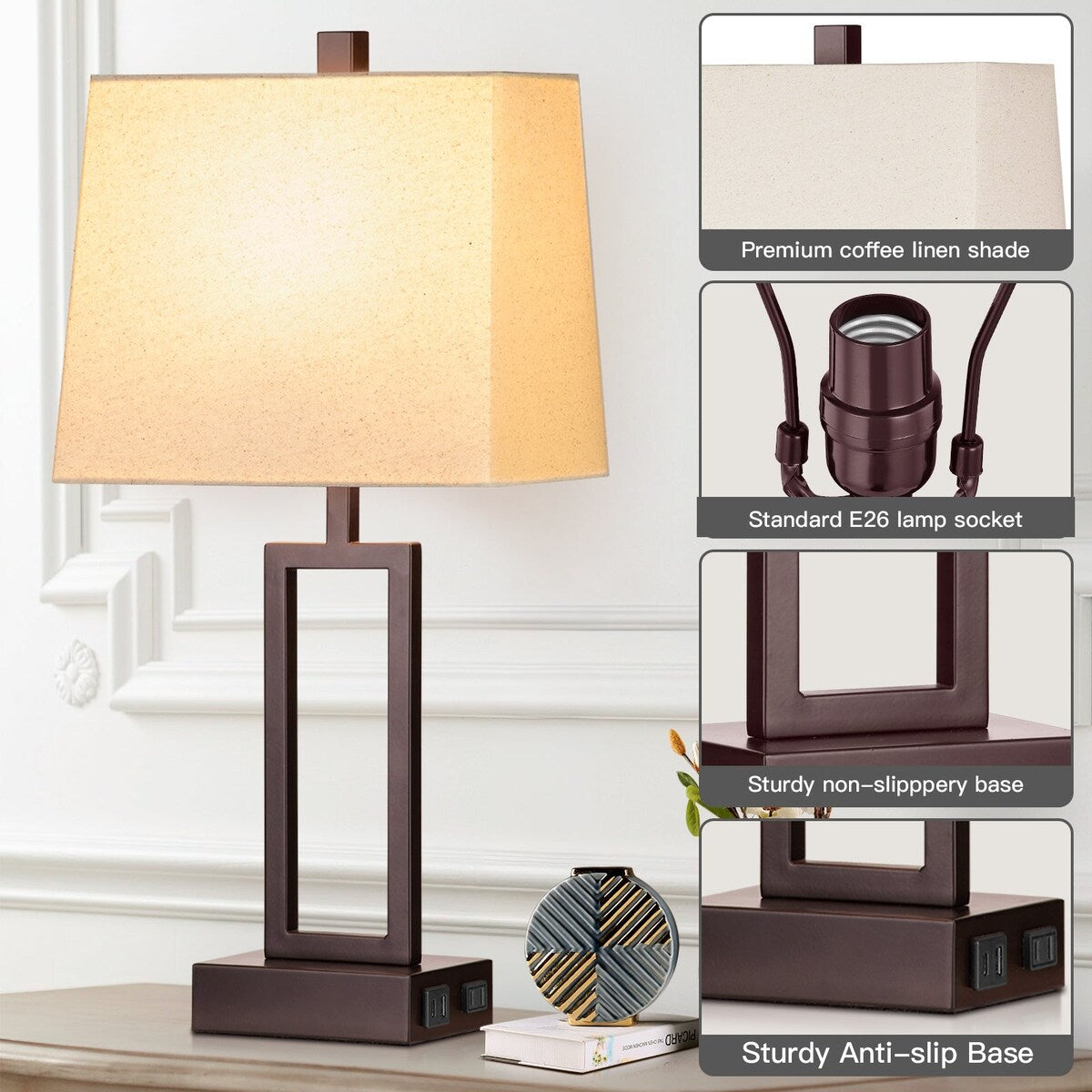 Table Lamps Brown Matte Metal Beige Shade with USB Type-C Charging Ports AC Outlet 3-Way Touch Dimming Switch (Set of 2)