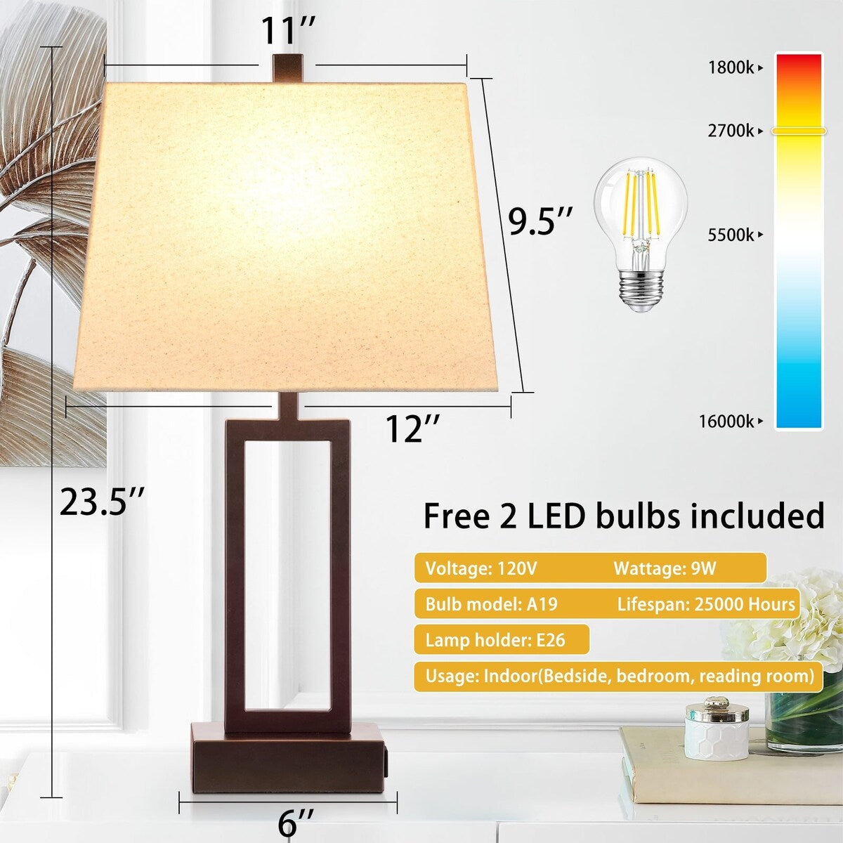 Table Lamps Brown Matte Metal Beige Shade with USB Type-C Charging Ports AC Outlet 3-Way Touch Dimming Switch (Set of 2)