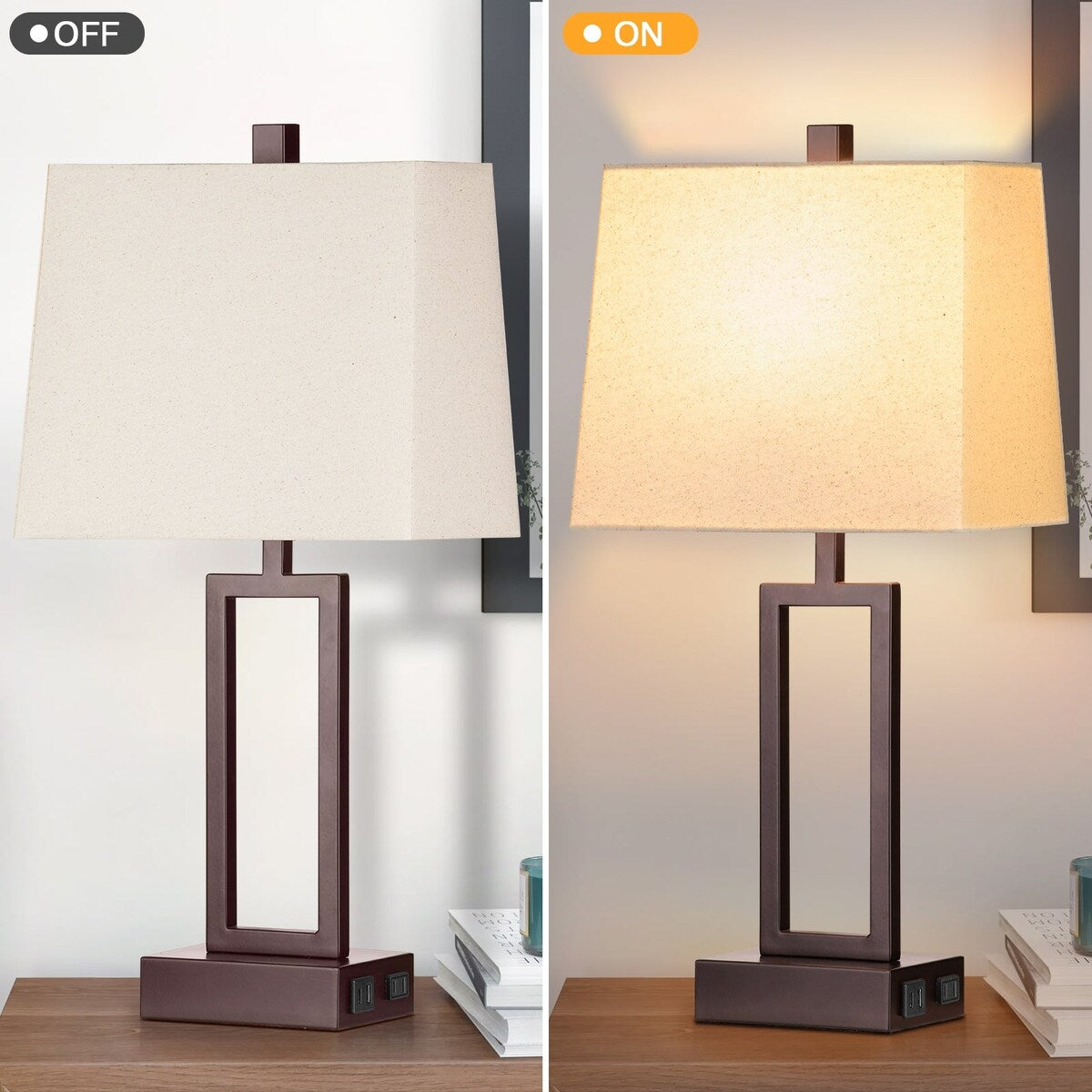 Table Lamps Brown Matte Metal Beige Shade with USB Type-C Charging Ports AC Outlet 3-Way Touch Dimming Switch (Set of 2)