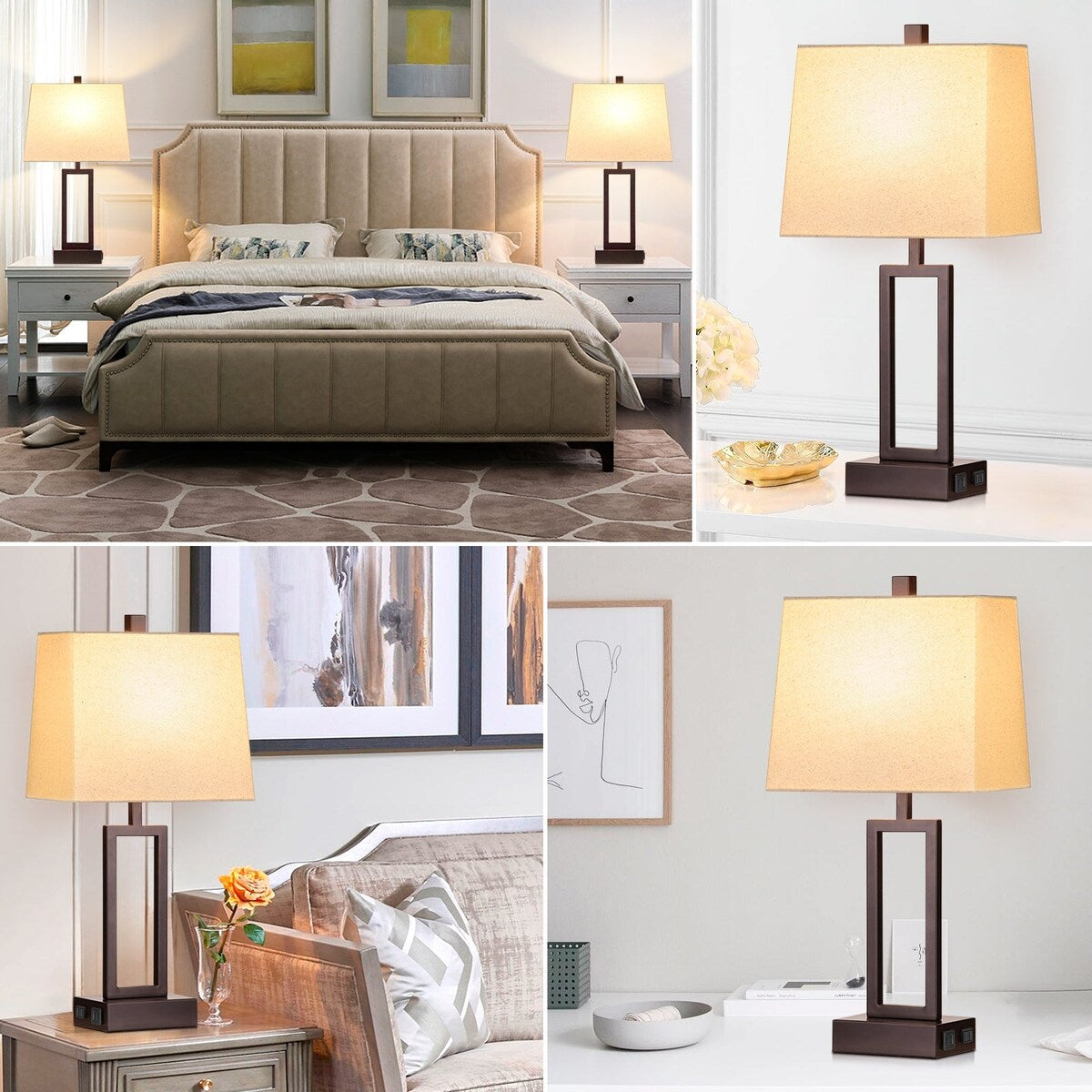 Table Lamps Brown Matte Metal Beige Shade with USB Type-C Charging Ports AC Outlet 3-Way Touch Dimming Switch (Set of 2)