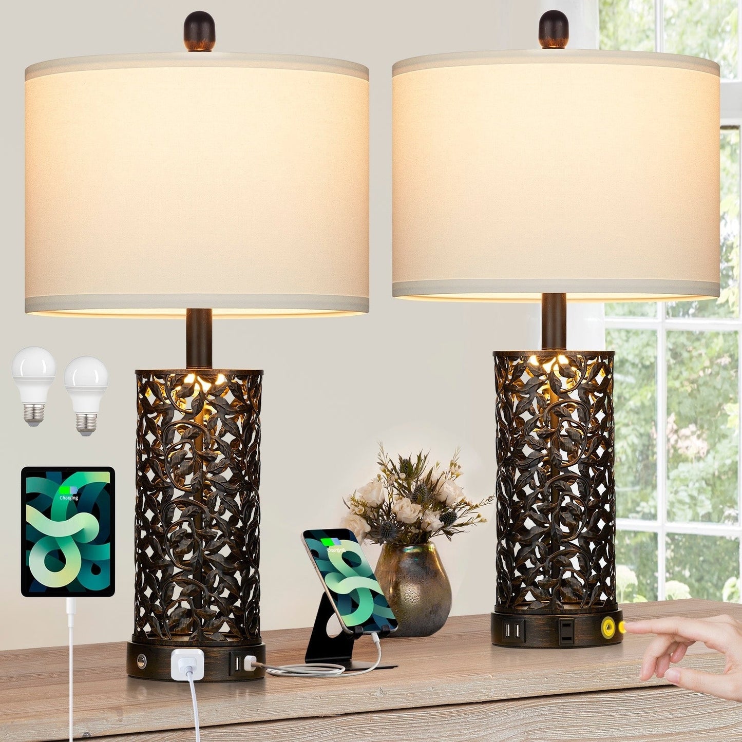 Black with Gold Metal Table Lamps Nightlight 2in1 USB Ports AC Outlet Touch Switch (Set of 2)