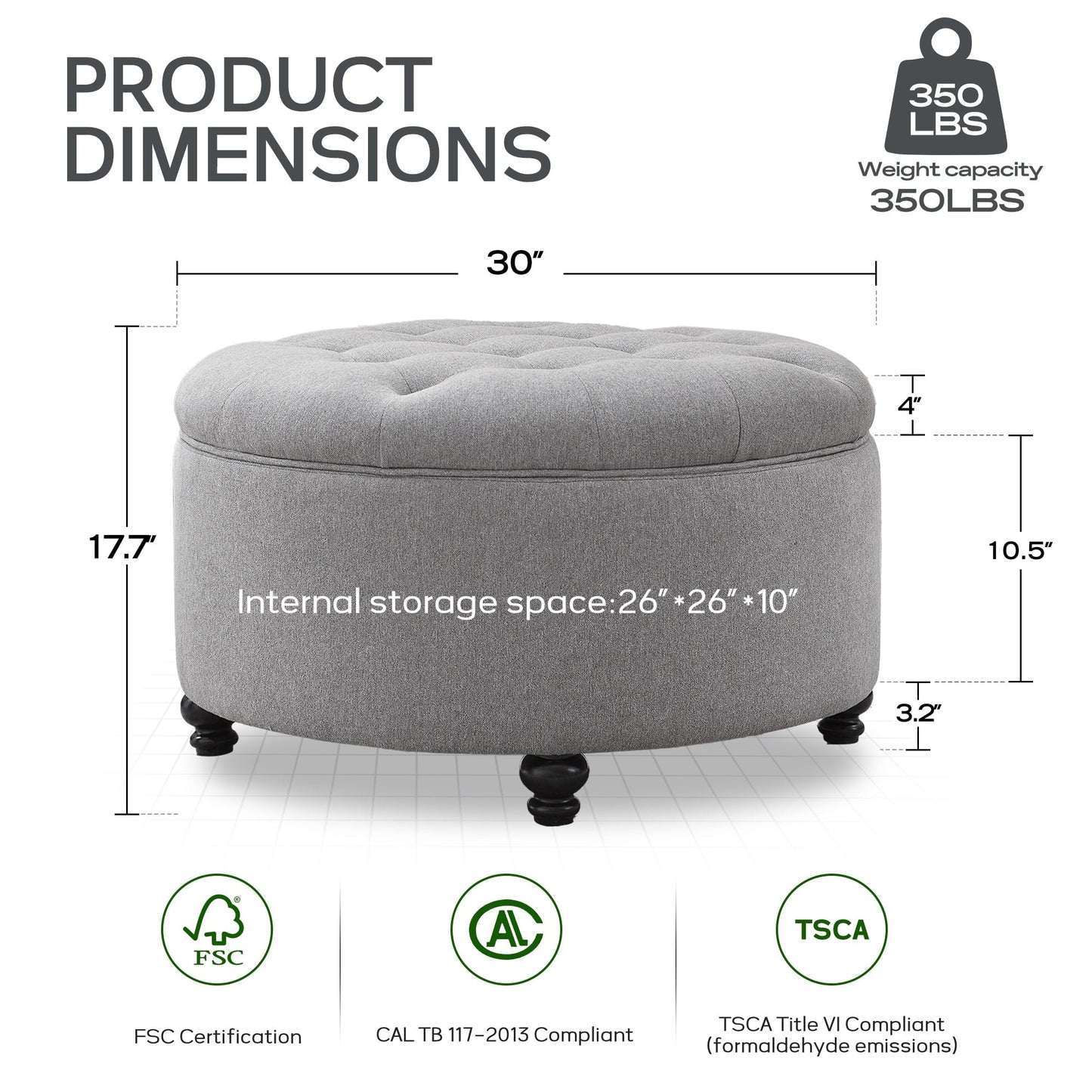 Tufted Large Round Storage Ottoman Footrest Beige/ Grey/ Blue