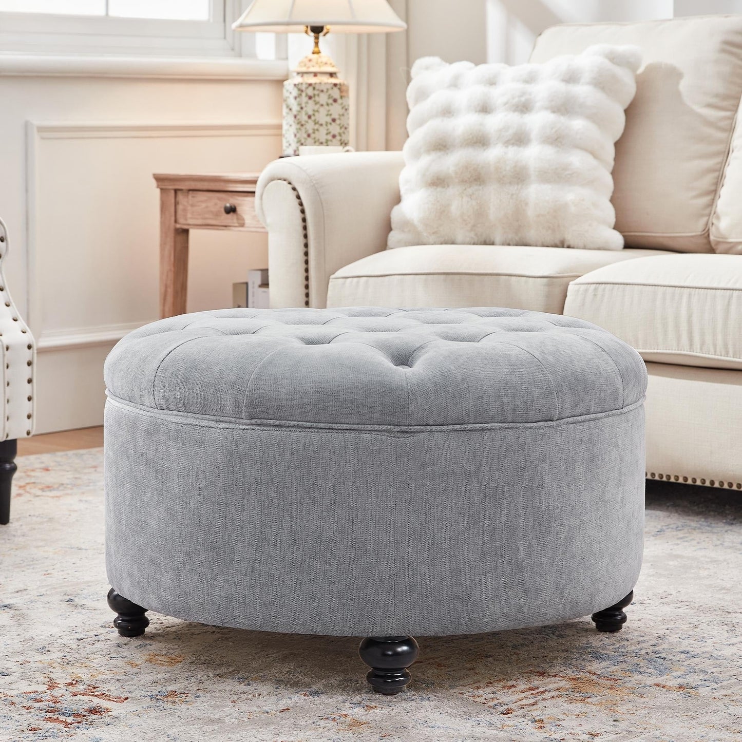 Tufted Large Round Storage Ottoman Footrest Beige/ Grey/ Blue